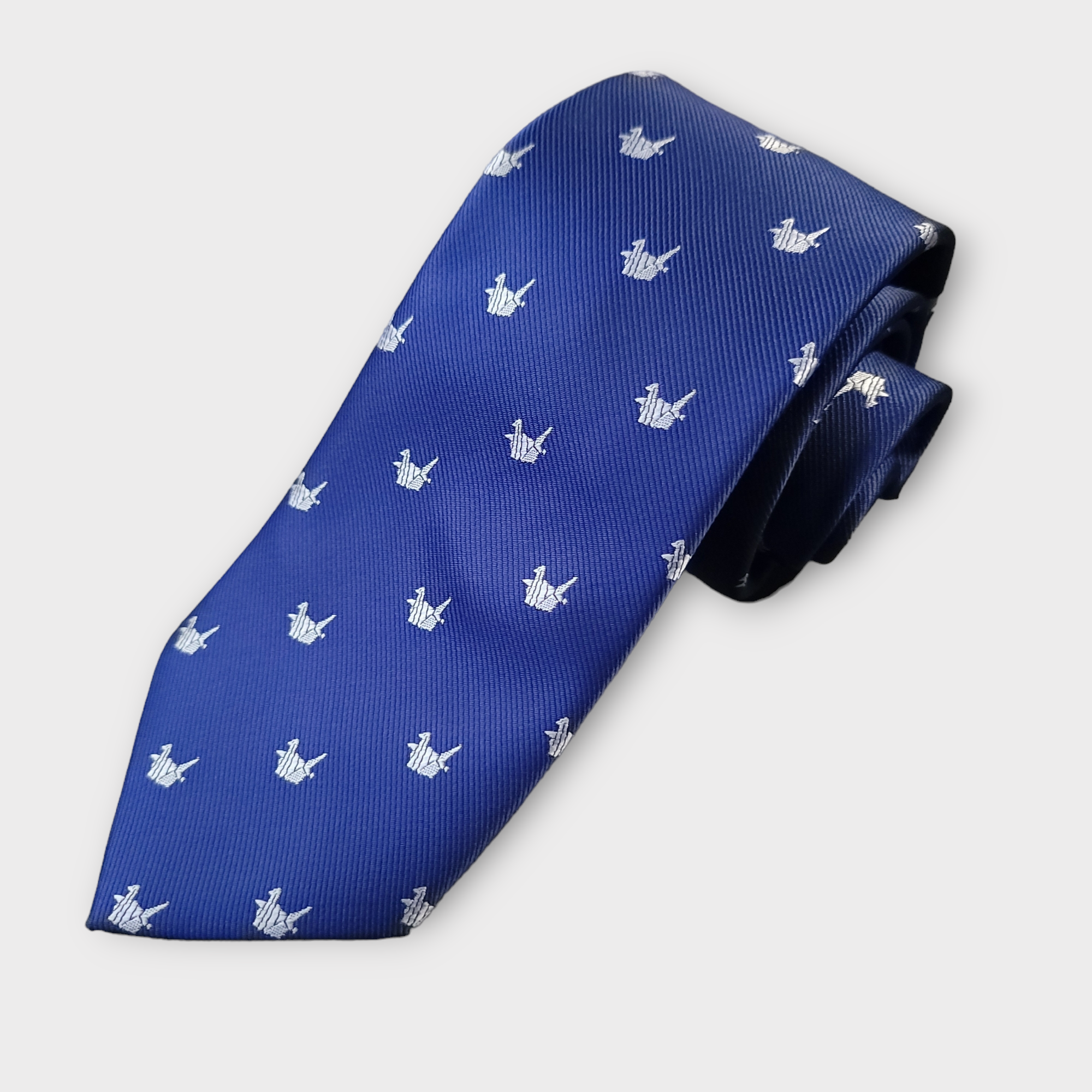 Blue White Crane Bird Silk Tie Pocket Square Cufflink Set