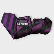 Purple Black Stripe Silk Tie Pocket Square Cufflink Set