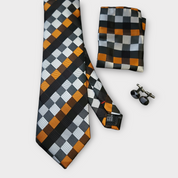 Orange Black White Plaid Silk Tie Pocket Square Cufflink Set