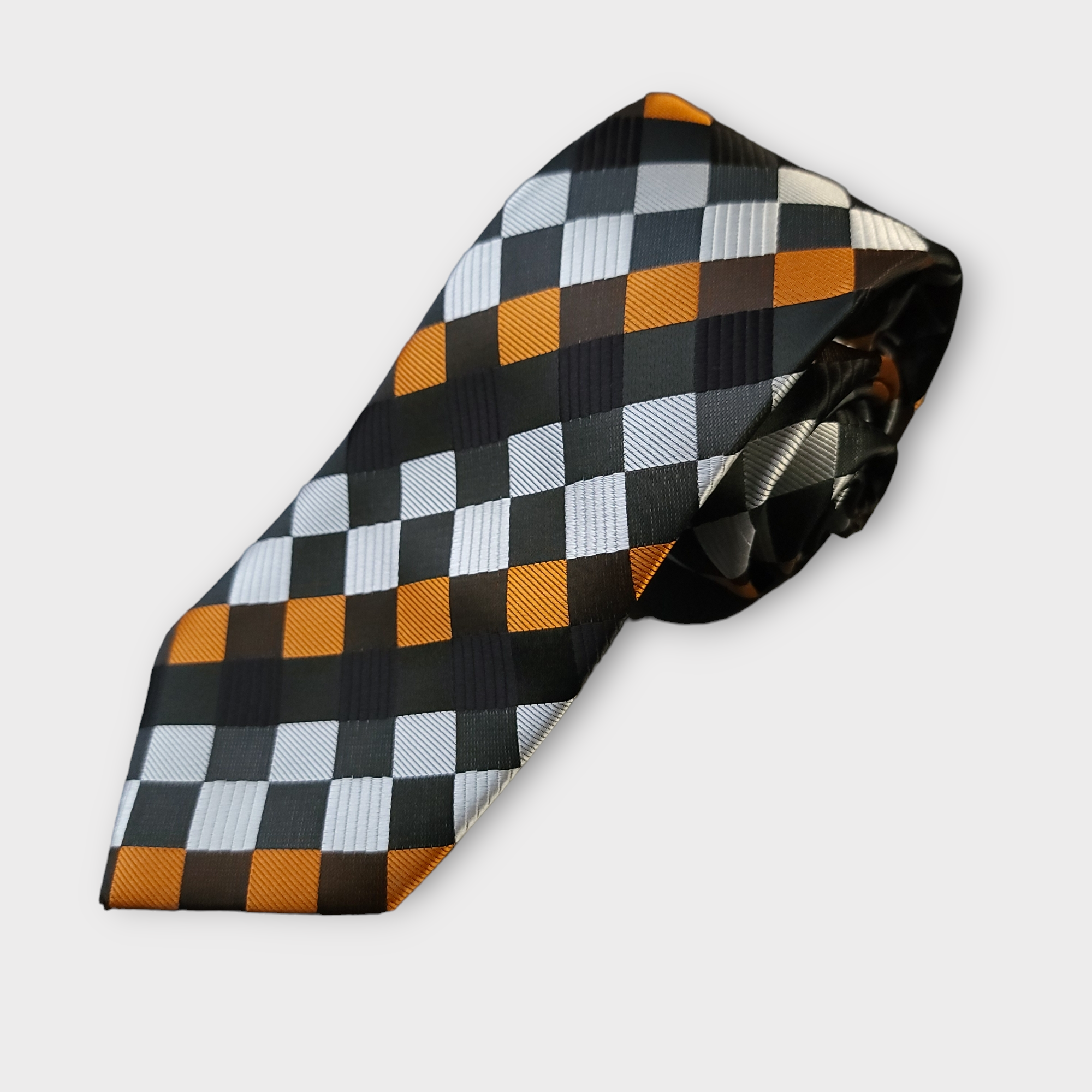 Orange Black White Plaid Silk Tie Pocket Square Cufflink Set