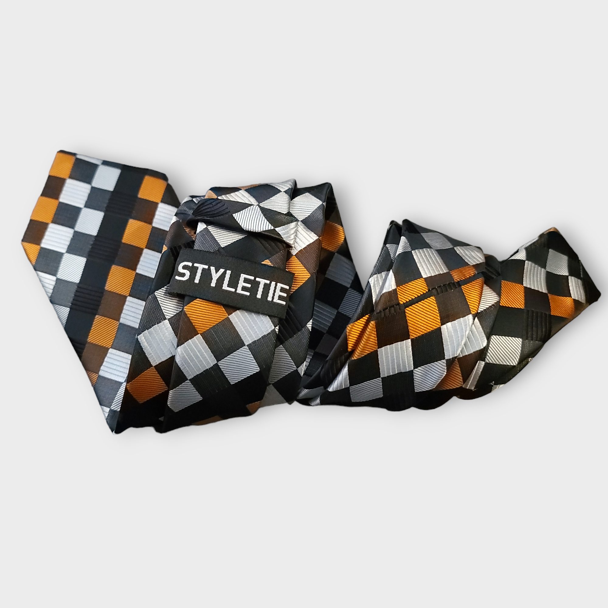 Orange Black White Plaid Silk Tie Pocket Square Cufflink Set