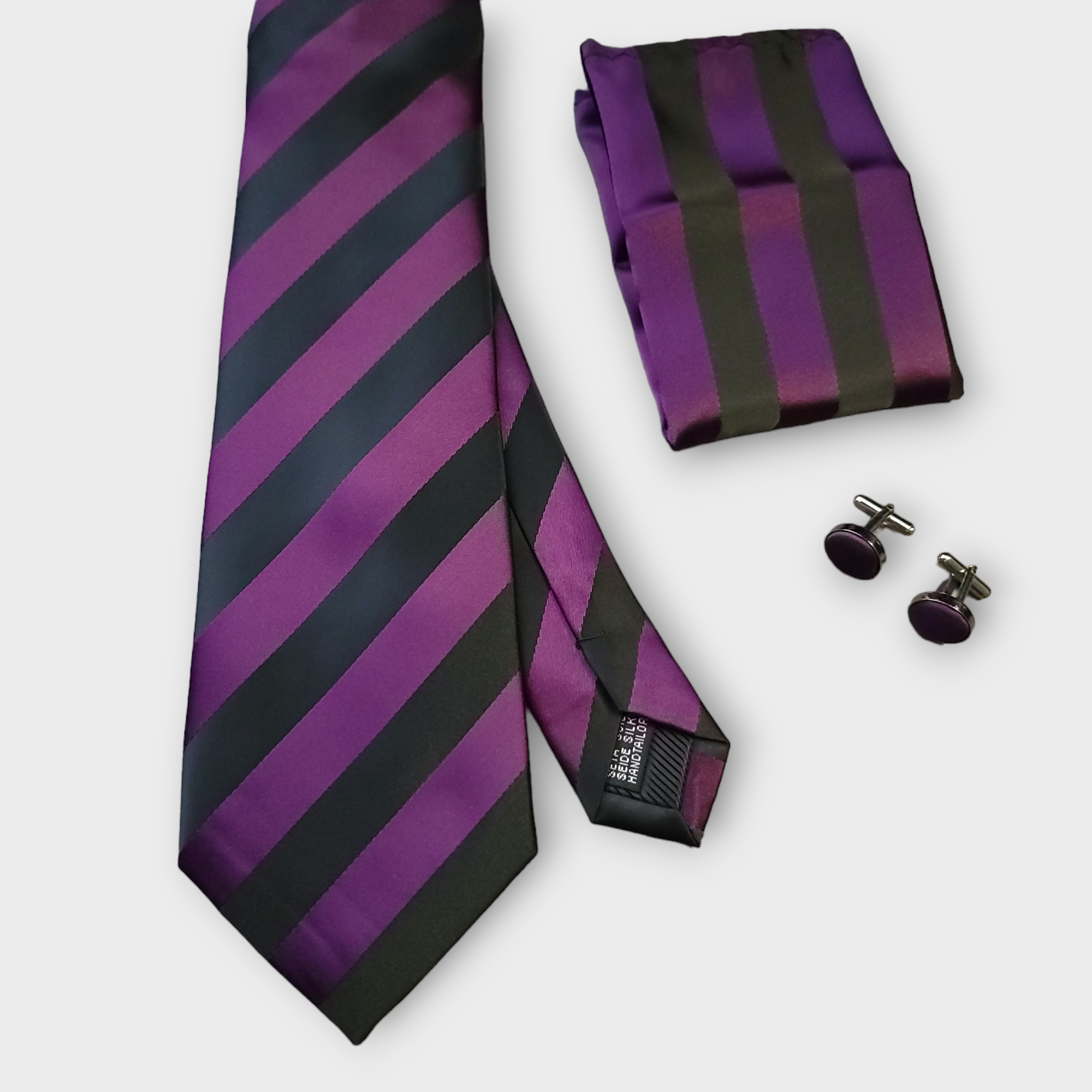 Purple Black Stripe Silk Tie Pocket Square Cufflink Set