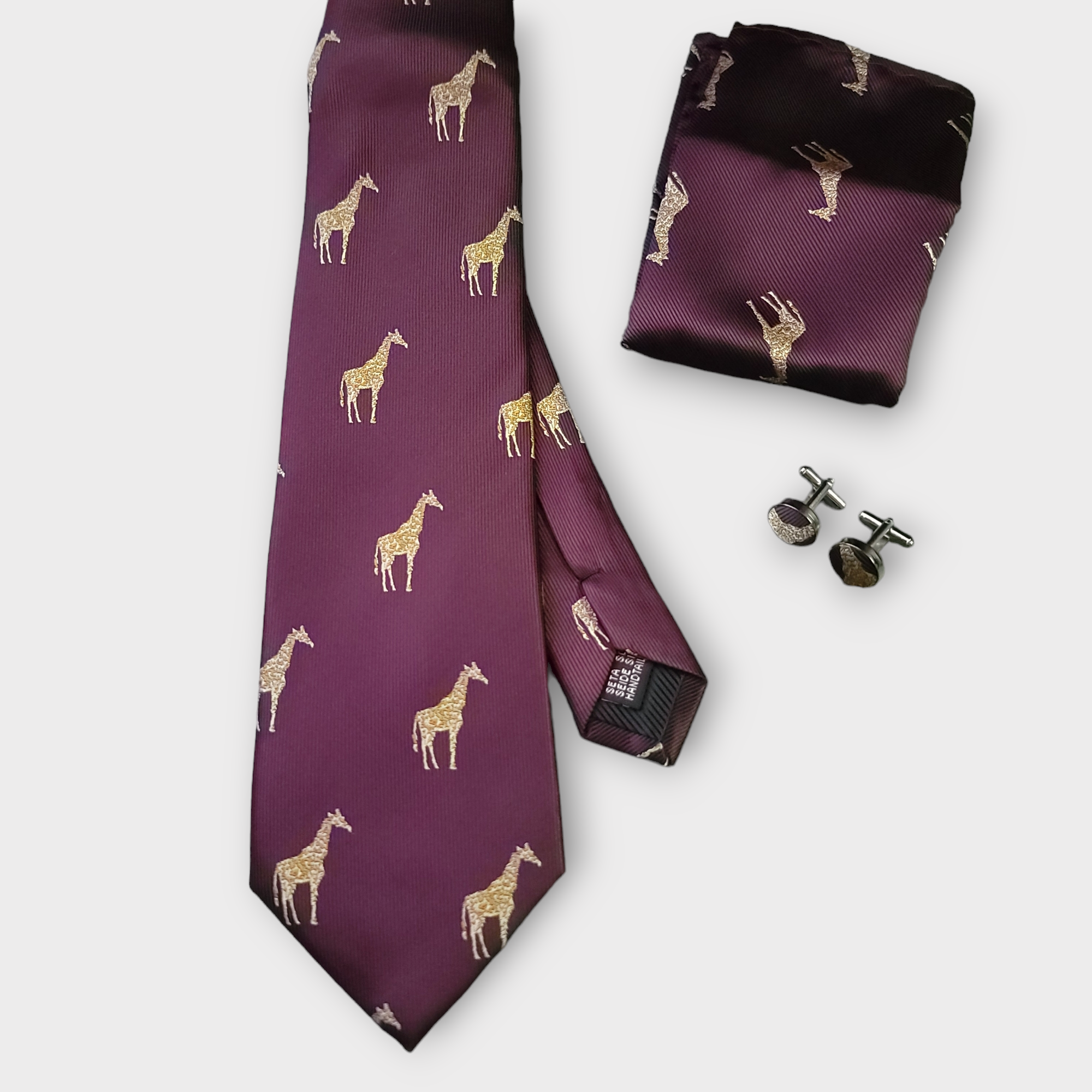 Burgundy Gold Giraffe Print Silk Tie Pocket Square Cufflink Set