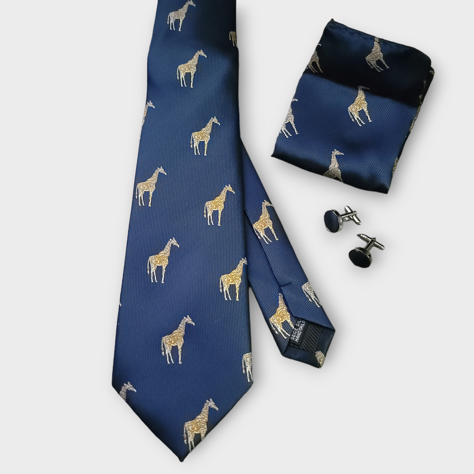Navy Blue Gold Giraffe Silk Tie Pocket Square Cufflink Set