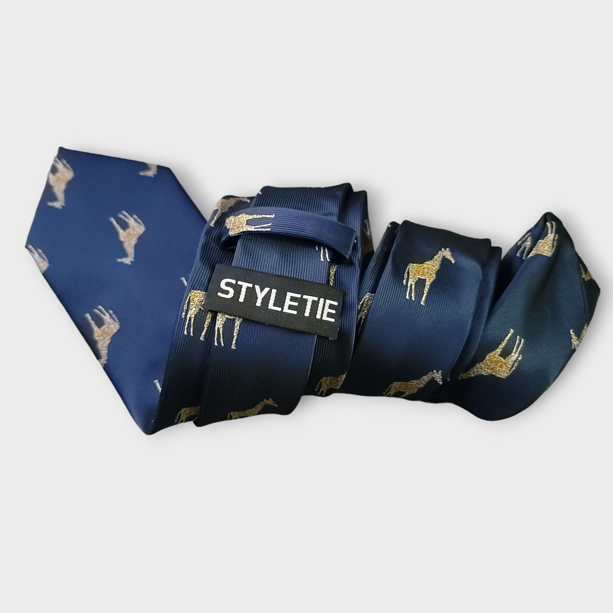 Navy Blue Gold Giraffe Silk Tie Pocket Square Cufflink Set