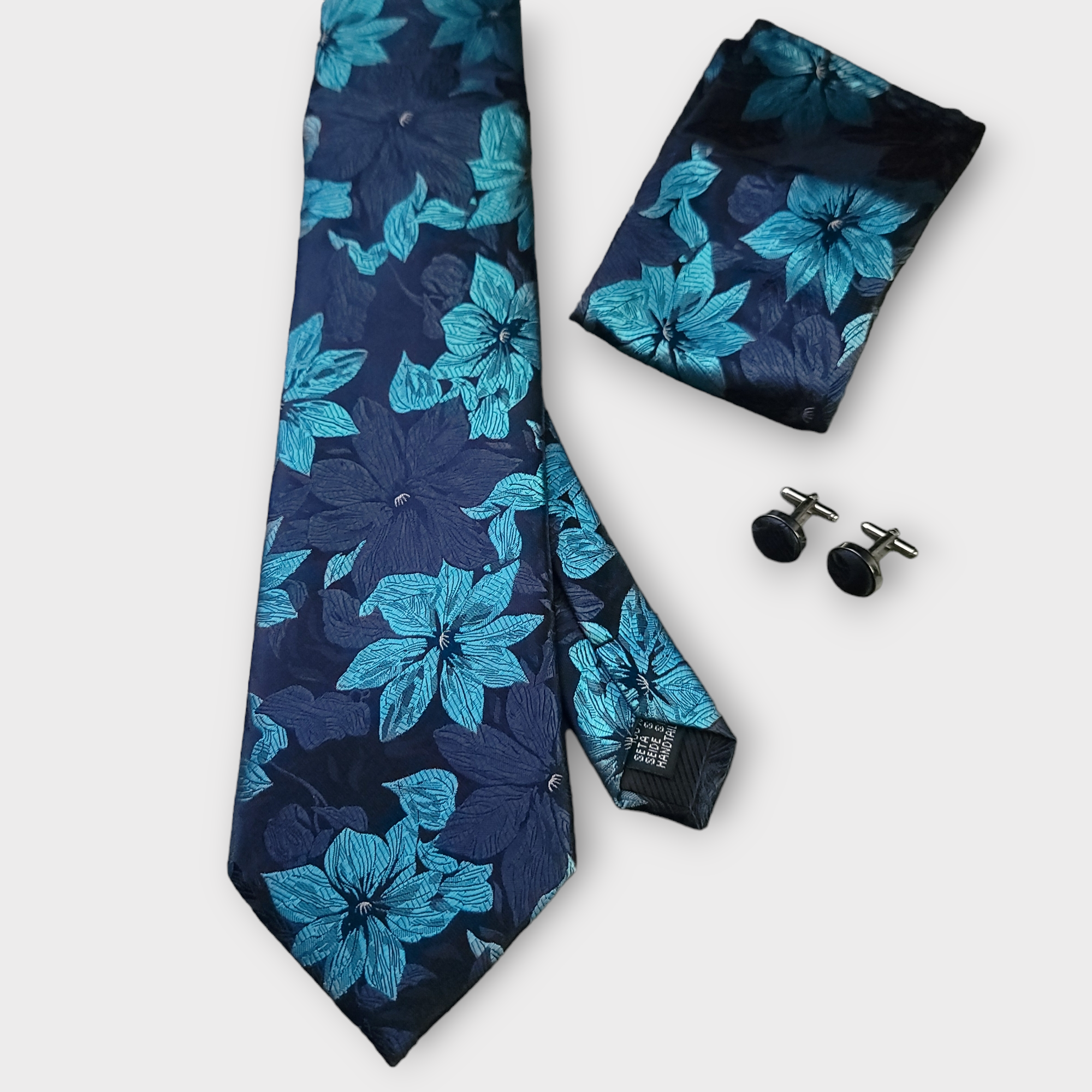 Navy Blue Floral Silk Tie Pocket Square Cufflink Set