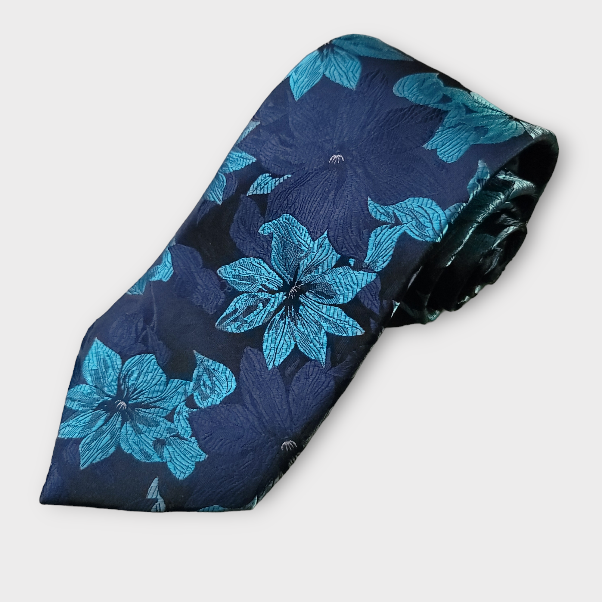 Navy Blue Floral Silk Tie Pocket Square Cufflink Set