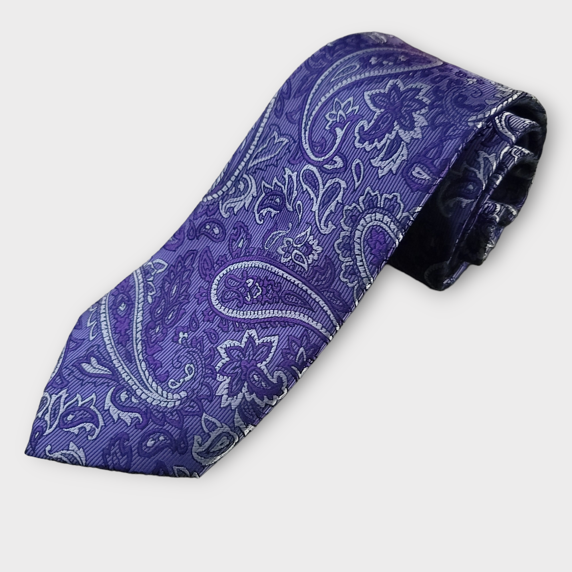 Purple White Paisley Silk Tie Pocket Square Cufflink Set