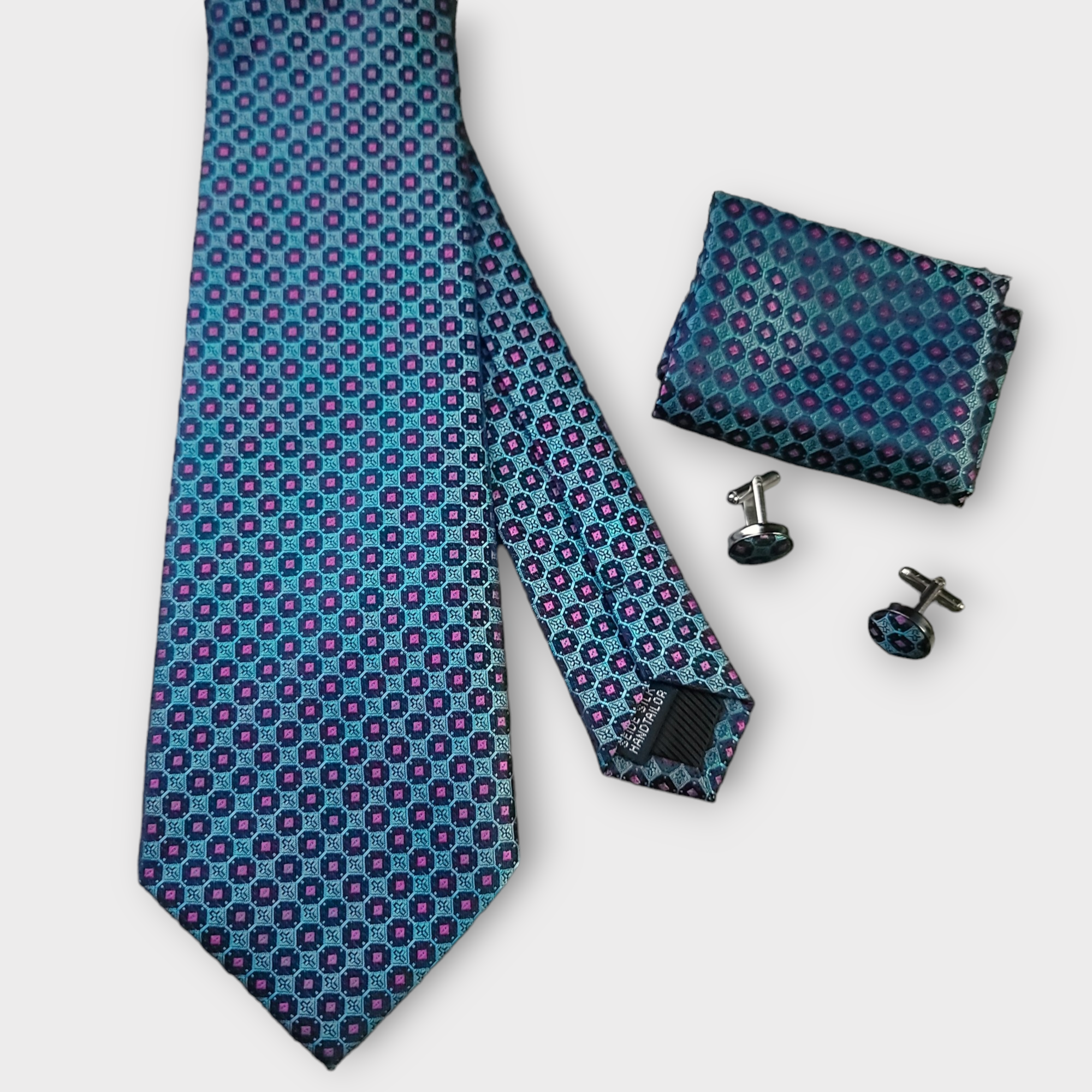 Blue Purple Geometric Silk Tie Pocket Square Cufflink Set