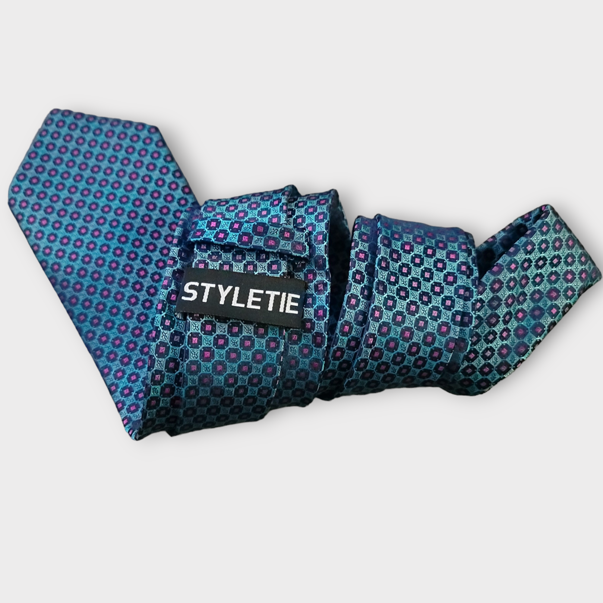 Blue Purple Geometric Silk Tie Pocket Square Cufflink Set