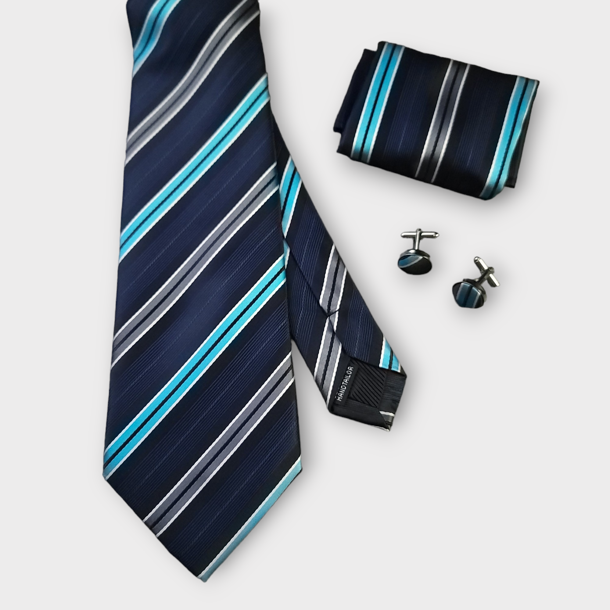 Black Blue Gray Stripe Silk Tie Pocket Square Cufflink Set