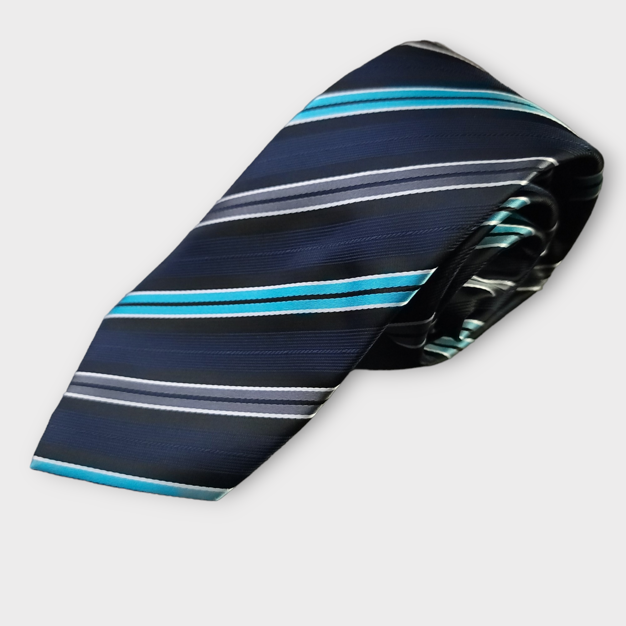 Black Blue Gray Stripe Silk Tie Pocket Square Cufflink Set