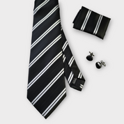 Black White Stripe Silk Tie Pocket Square Cufflink Set