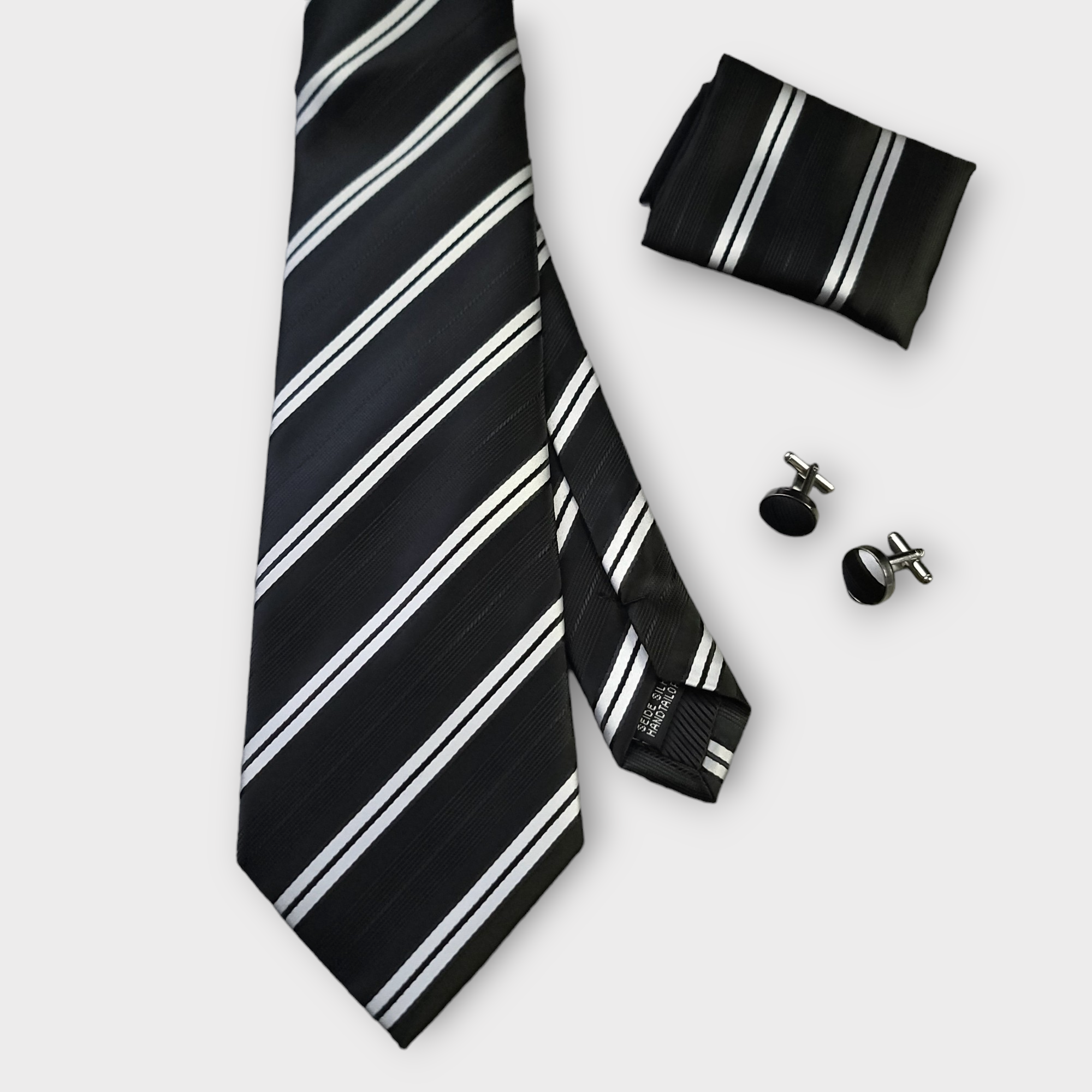 Black White Stripe Silk Tie Pocket Square Cufflink Set