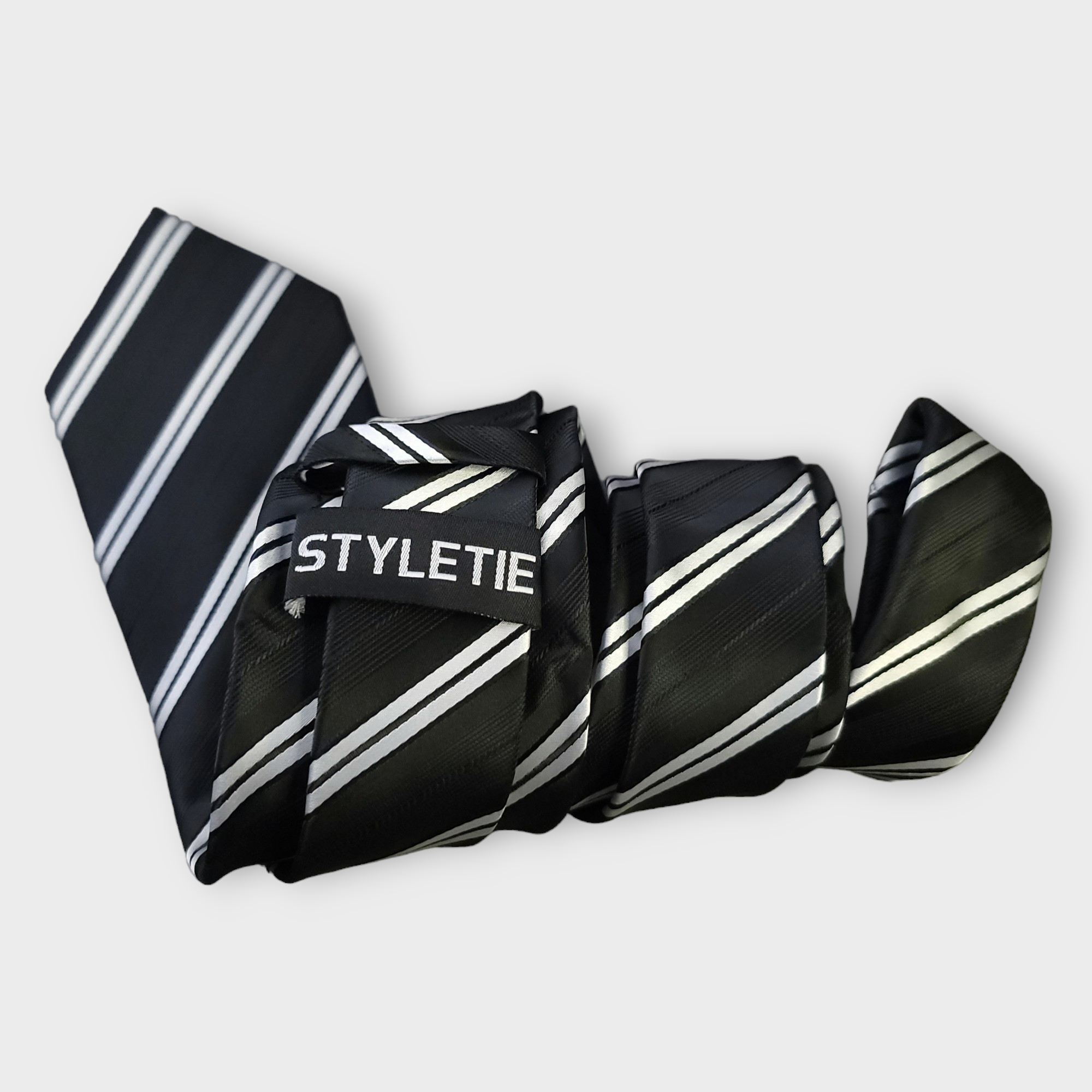 Black White Stripe Silk Tie Pocket Square Cufflink Set