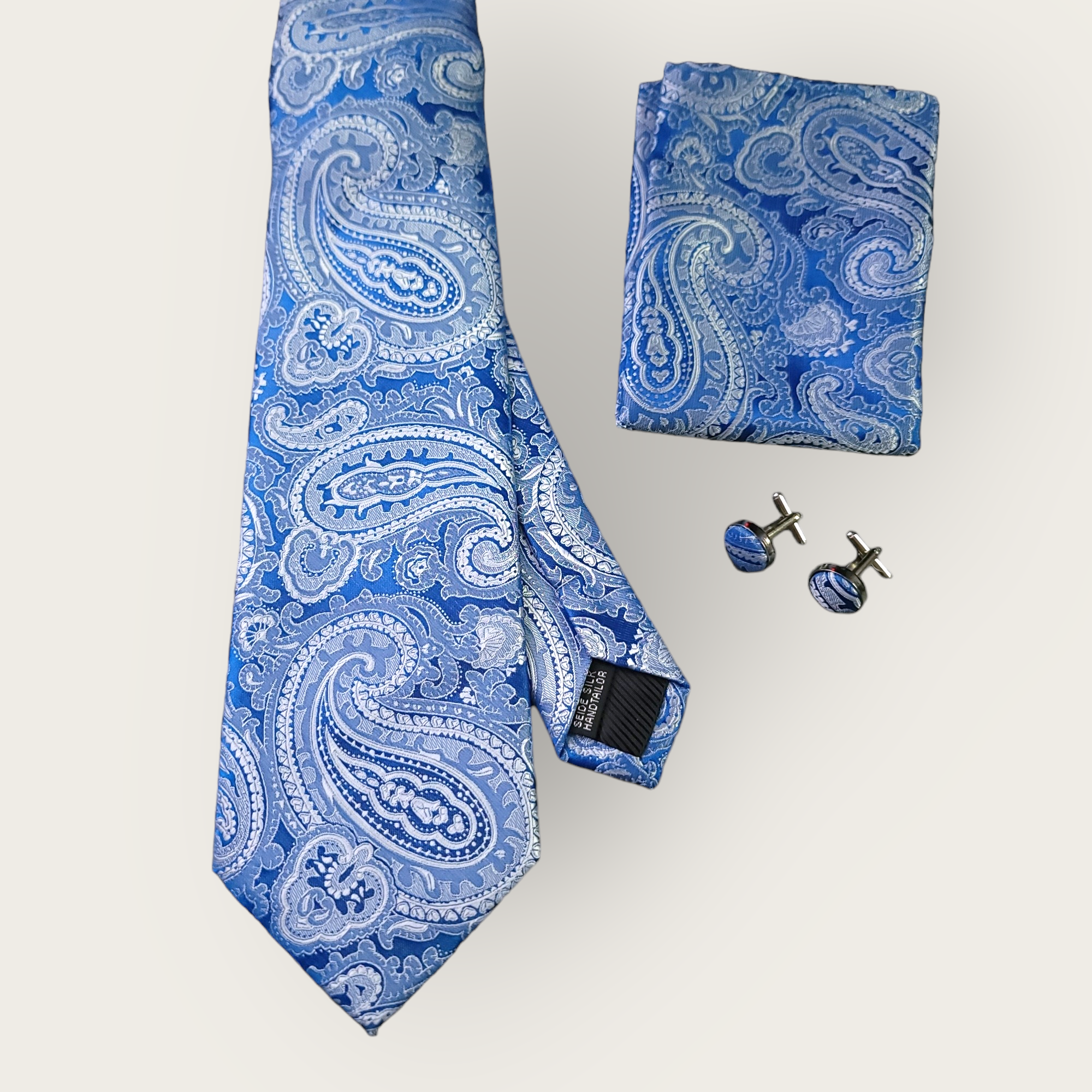 Blue Paisley Silk Tie Pocket Square Cufflink Set