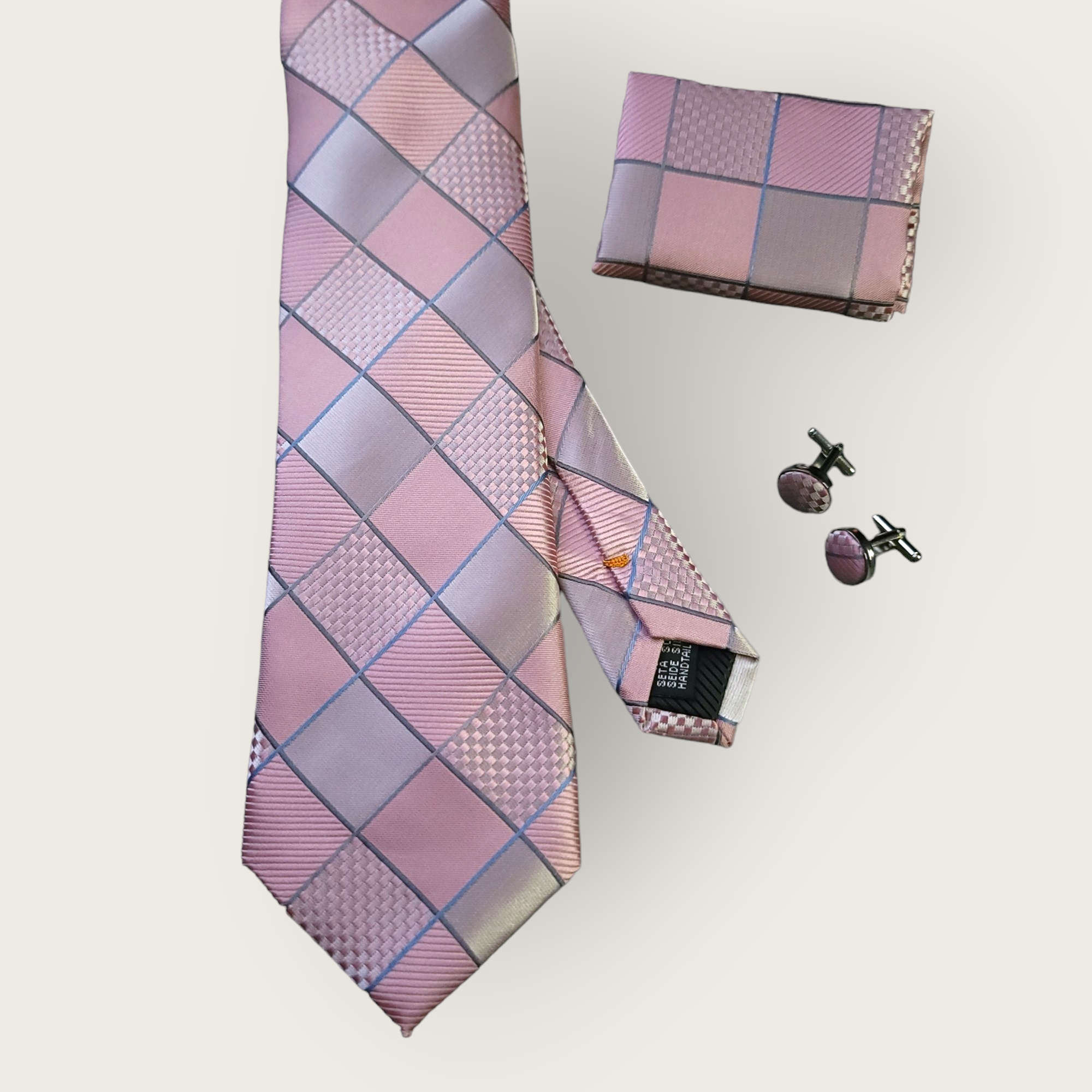 Pink Plaid Silk Tie Pocket Square Cufflink Set