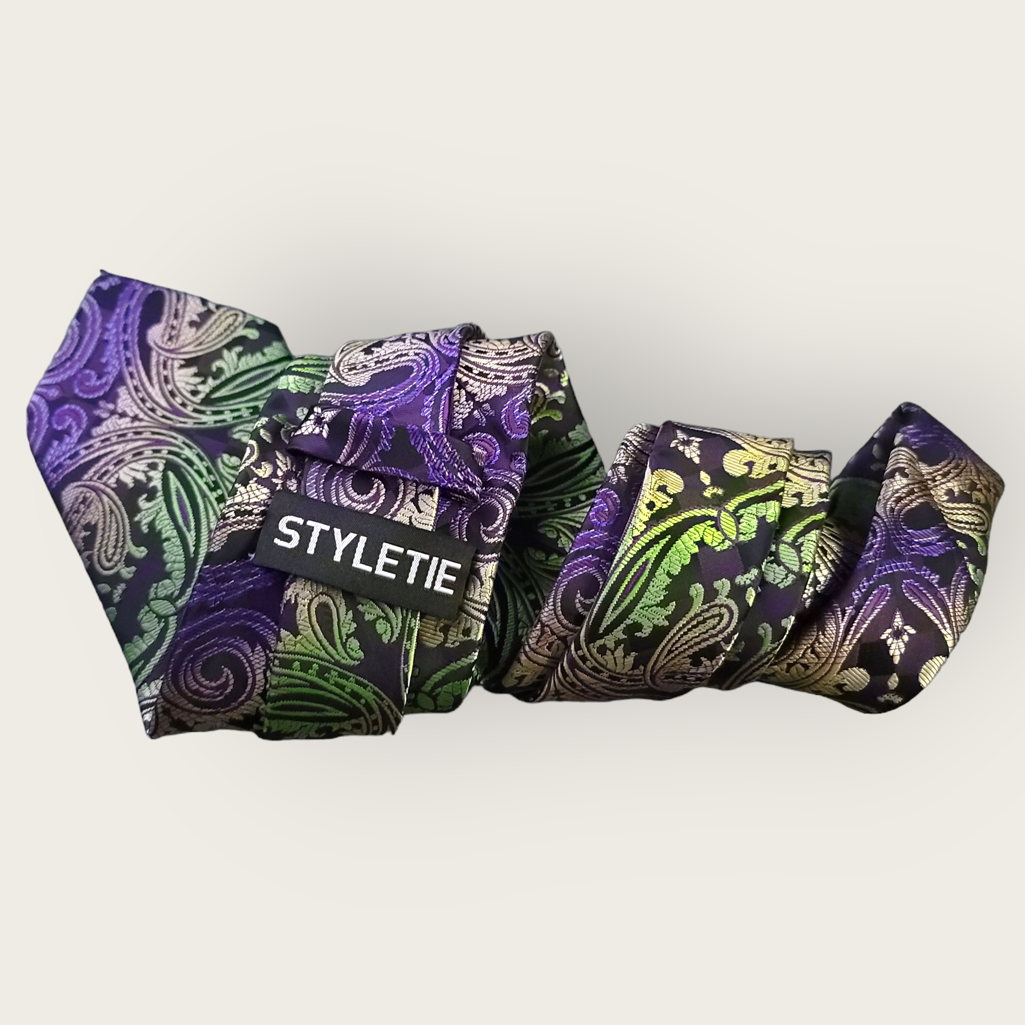 Green Purple Black Paisley Silk Tie Pocket Square Cufflink Set