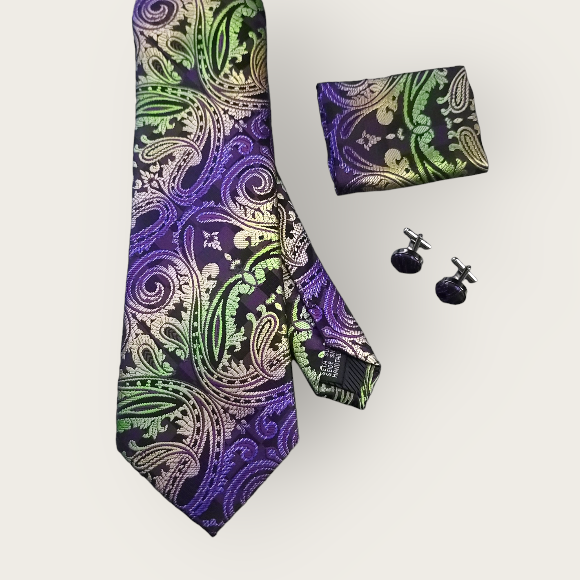 Green Purple Black Paisley Silk Tie Pocket Square Cufflink Set