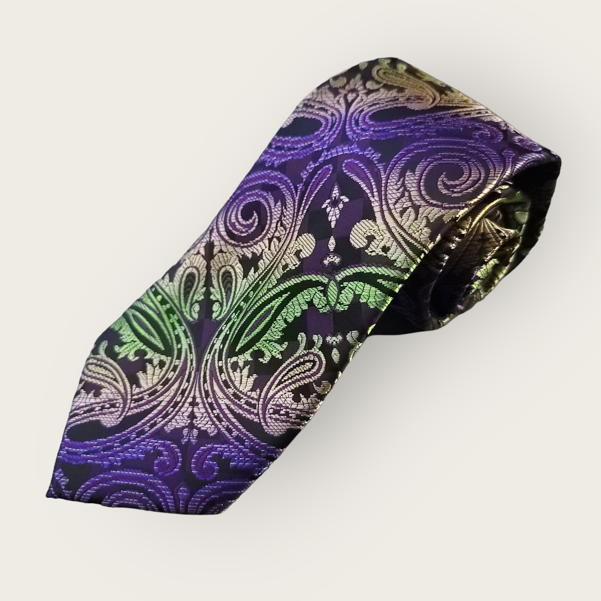 Green Purple Black Paisley Silk Tie Pocket Square Cufflink Set