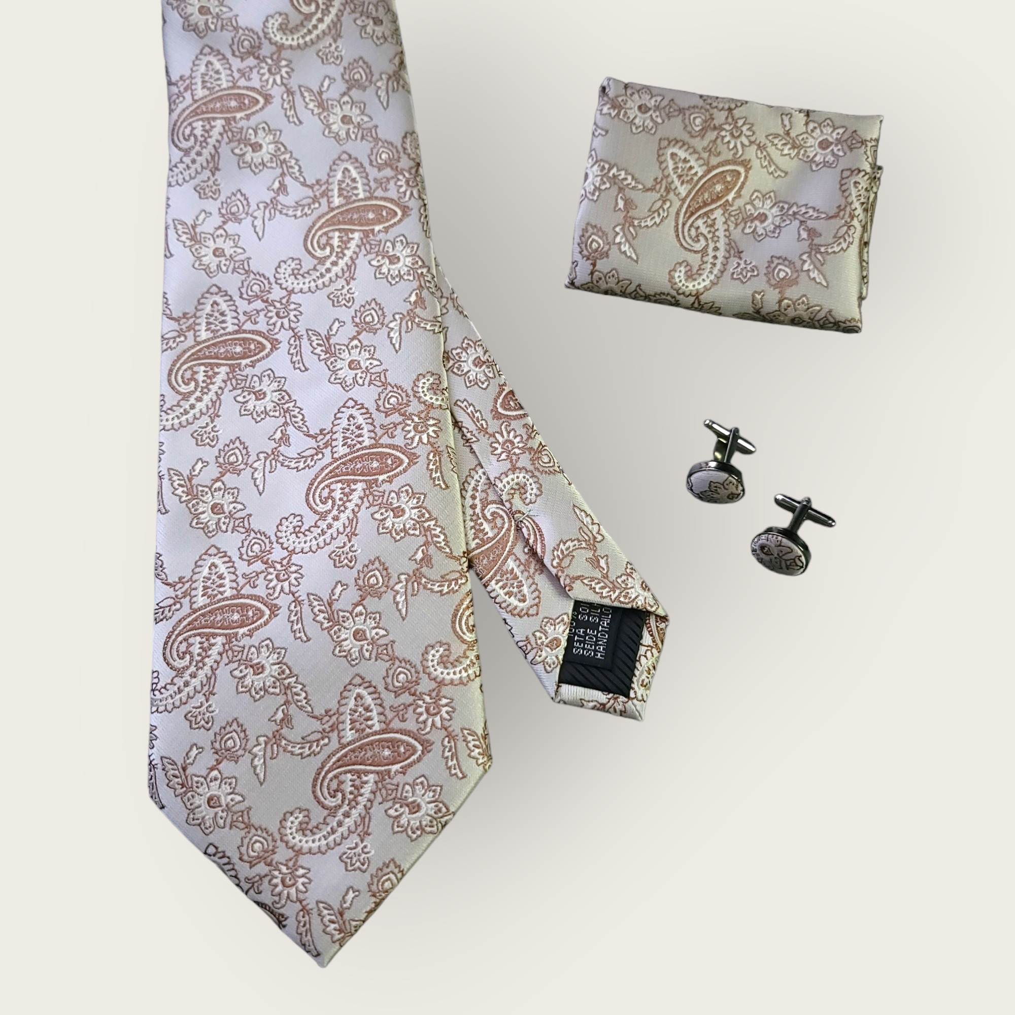 Light Brown Luxury Paisley Silk Tie Pocket Square Cufflink Set