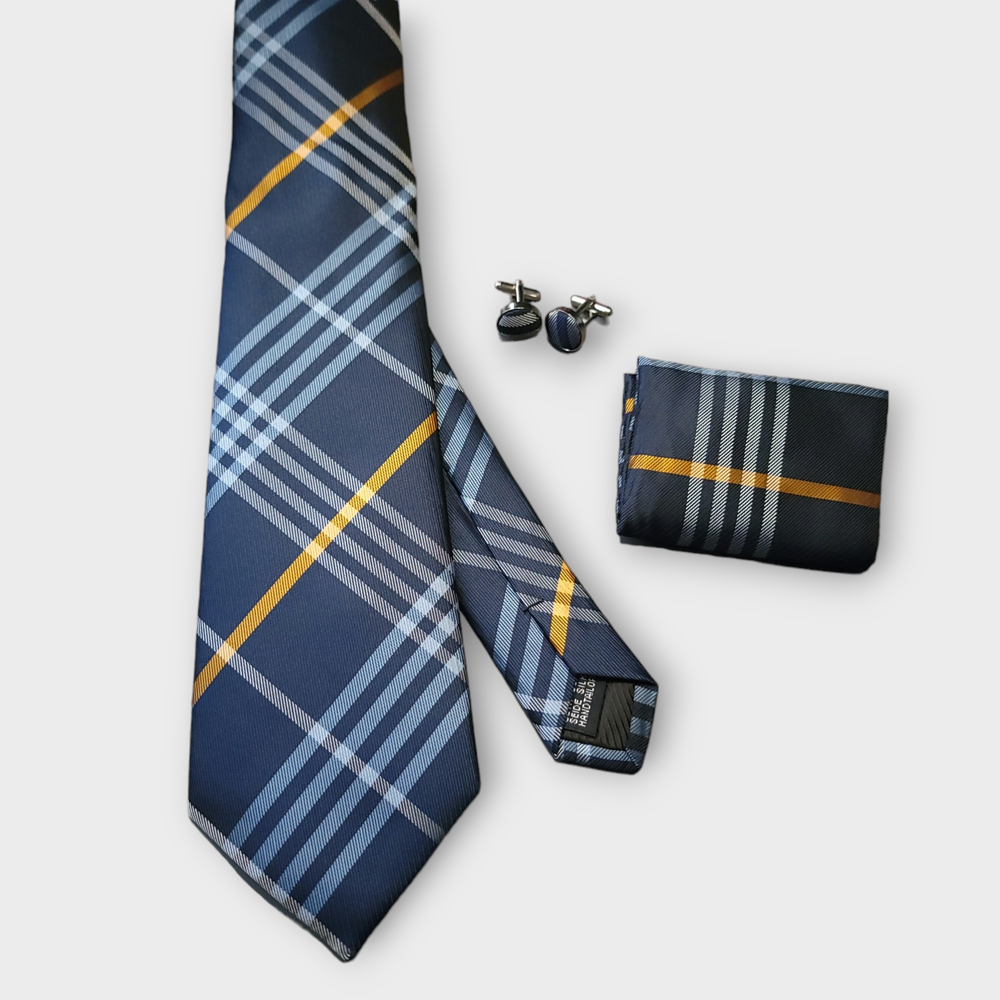 Blue White Plaid Silk Tie Pocket Square Cufflink Set