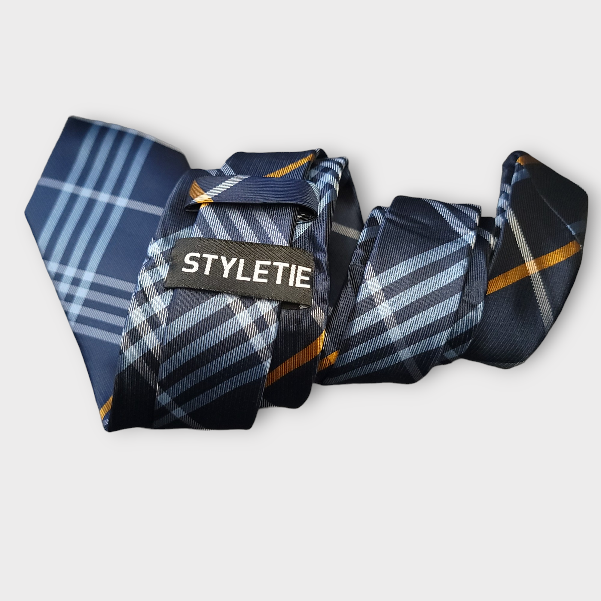 Blue White Plaid Silk Tie Pocket Square Cufflink Set