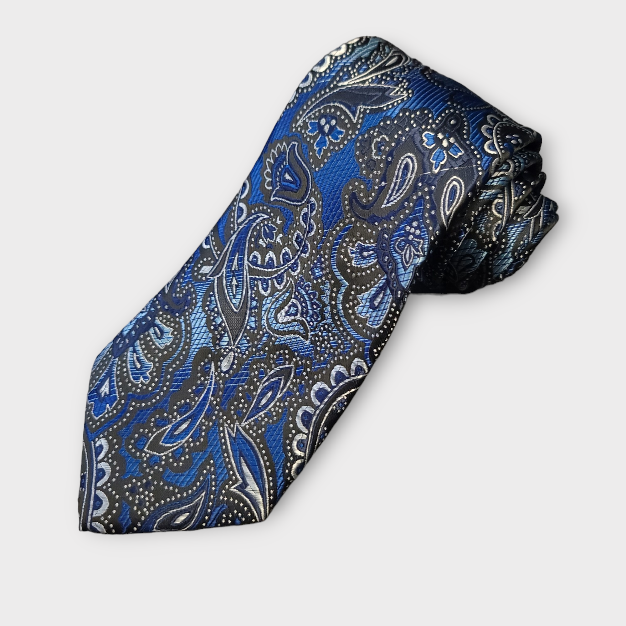 Blue Black White Paisley Silk Tie Pocket Square Cufflink Set