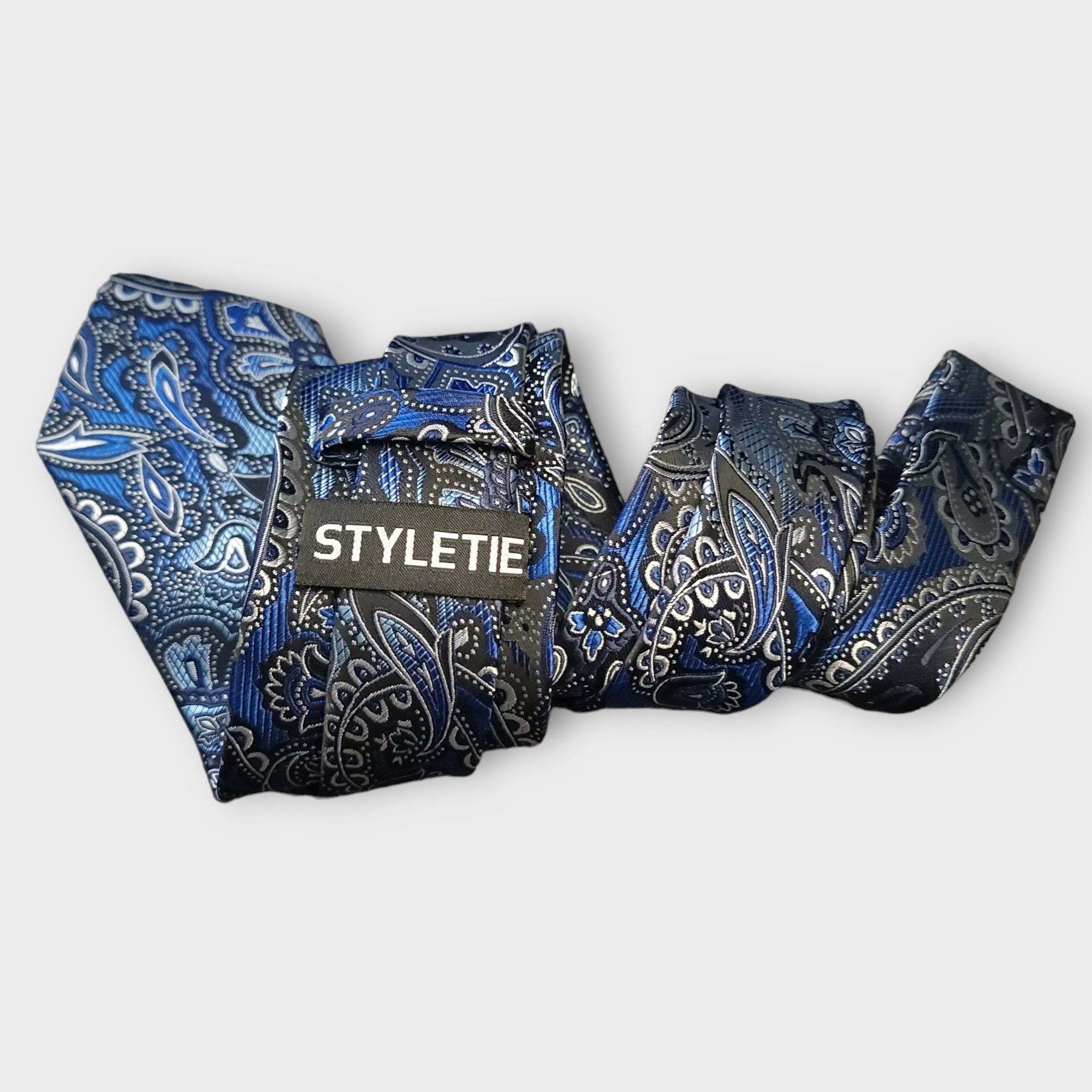 Blue Black White Paisley Silk Tie Pocket Square Cufflink Set