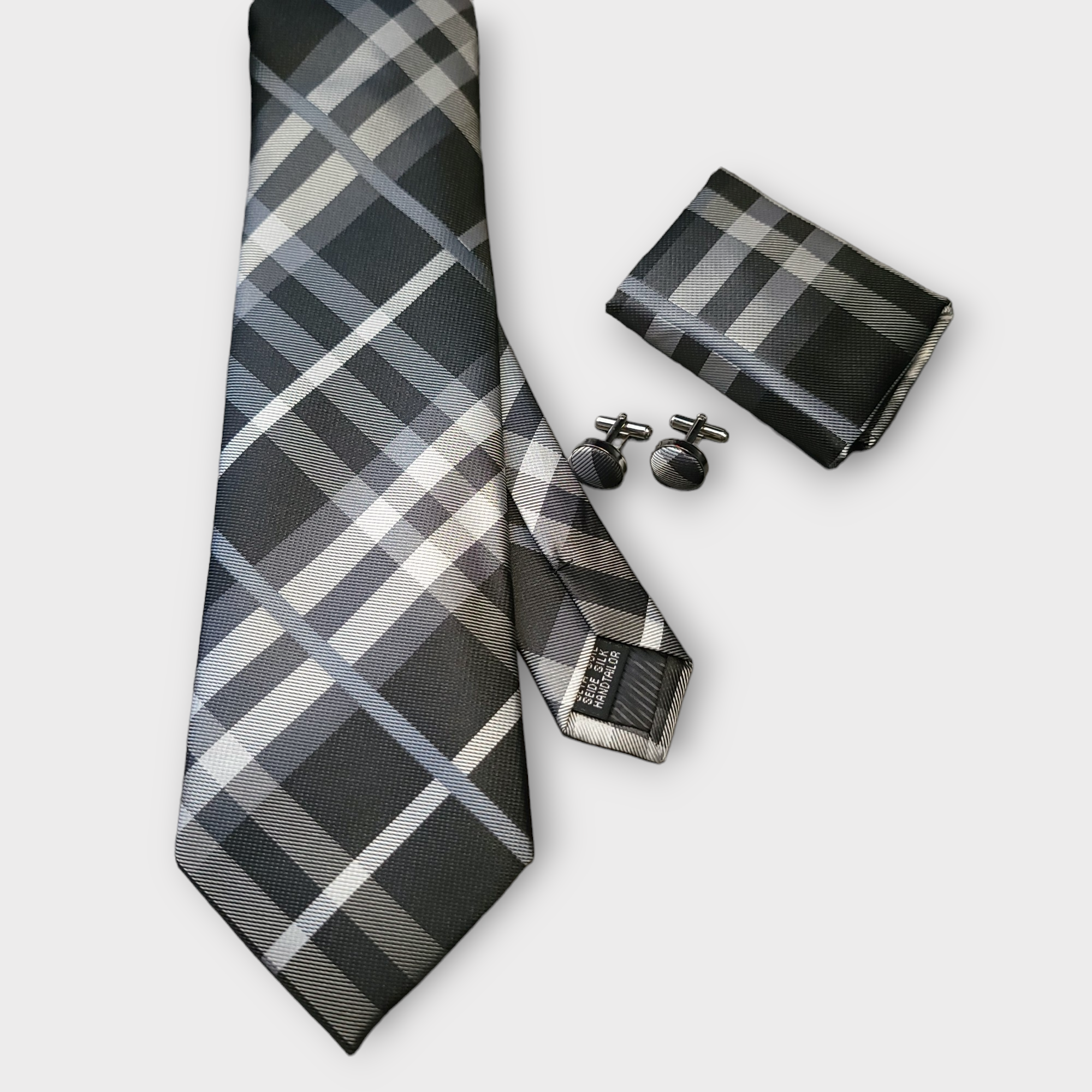 Black White Plaid Silk Tie Pocket Square Cufflink Set