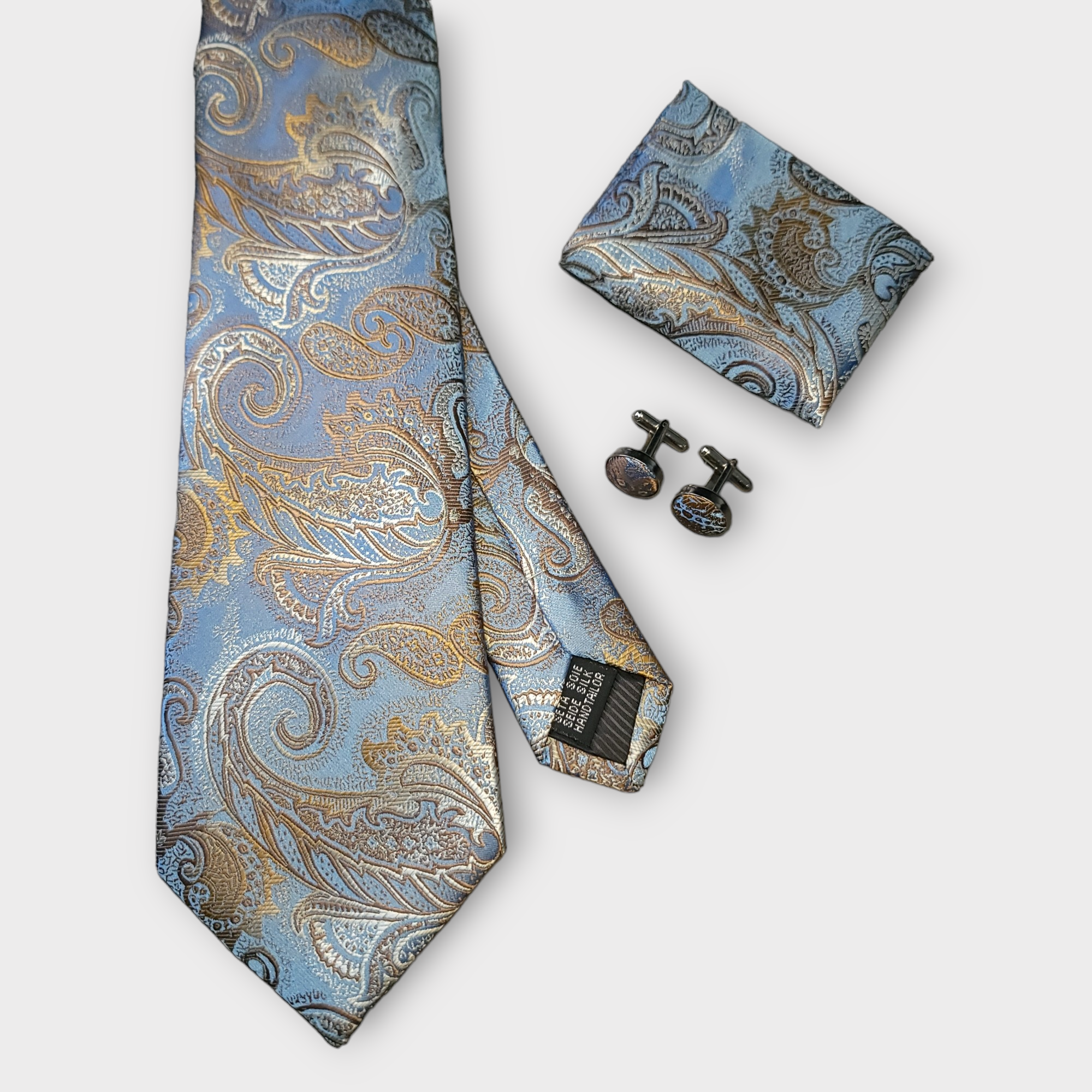 Blue Paisley Silk Tie Pocket Square Cufflink Set