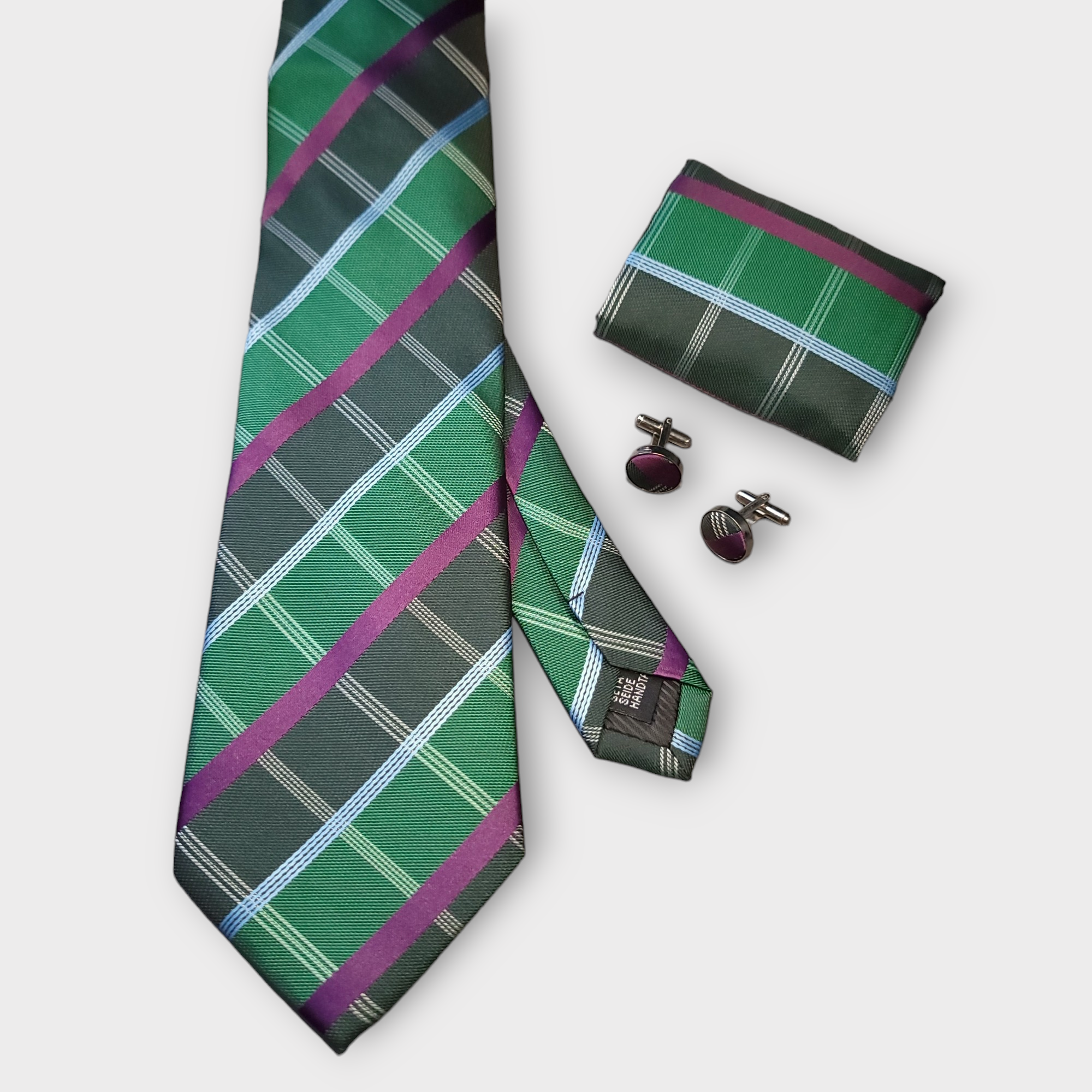 Green Purple Plaid Set of Pocket Square and Cufflinks