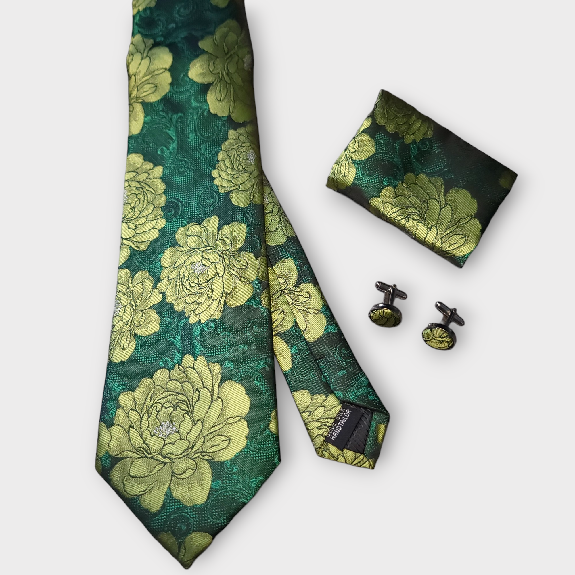 Green Floral Silk Tie Pocket Square Cufflink Set