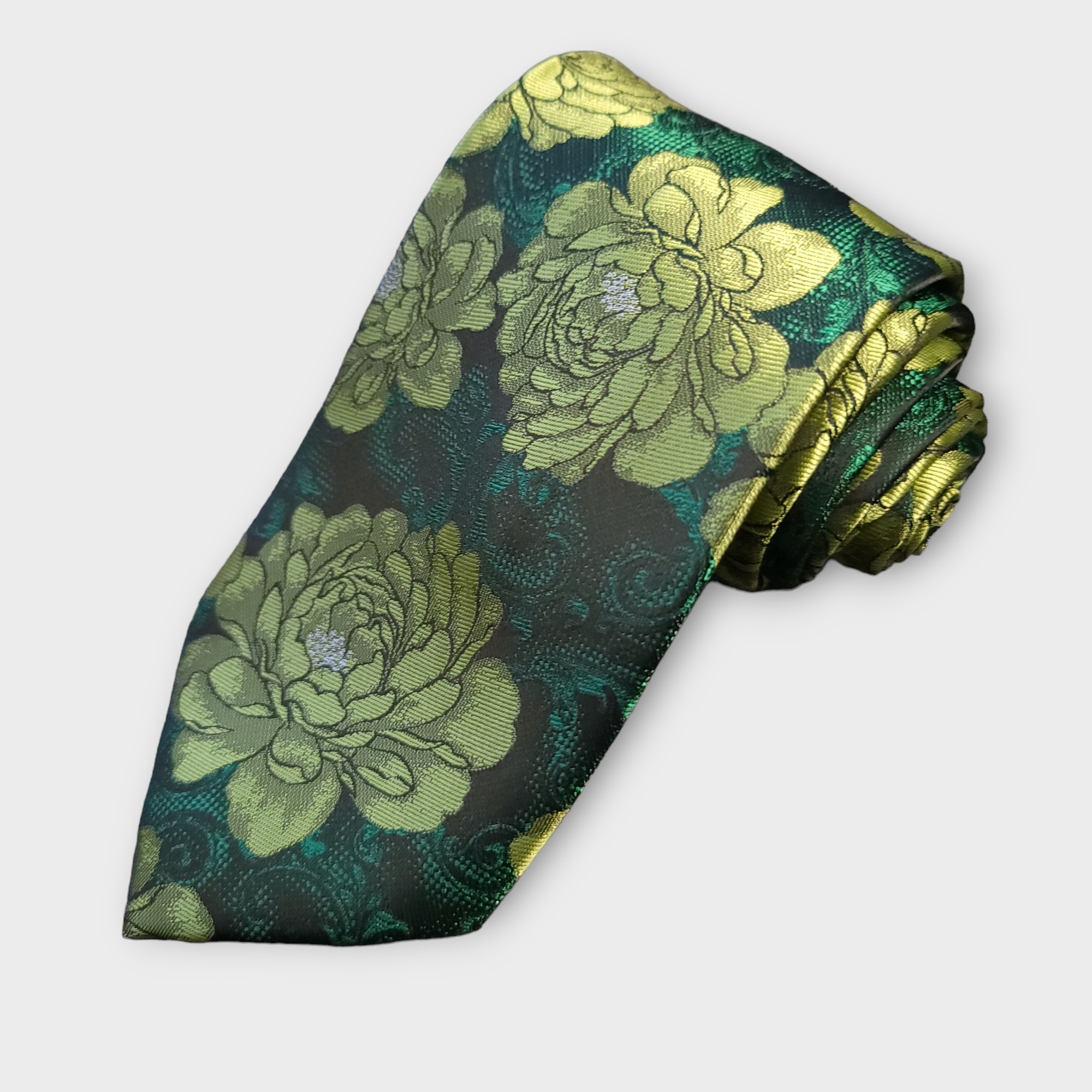 Green Floral Silk Tie Pocket Square Cufflink Set