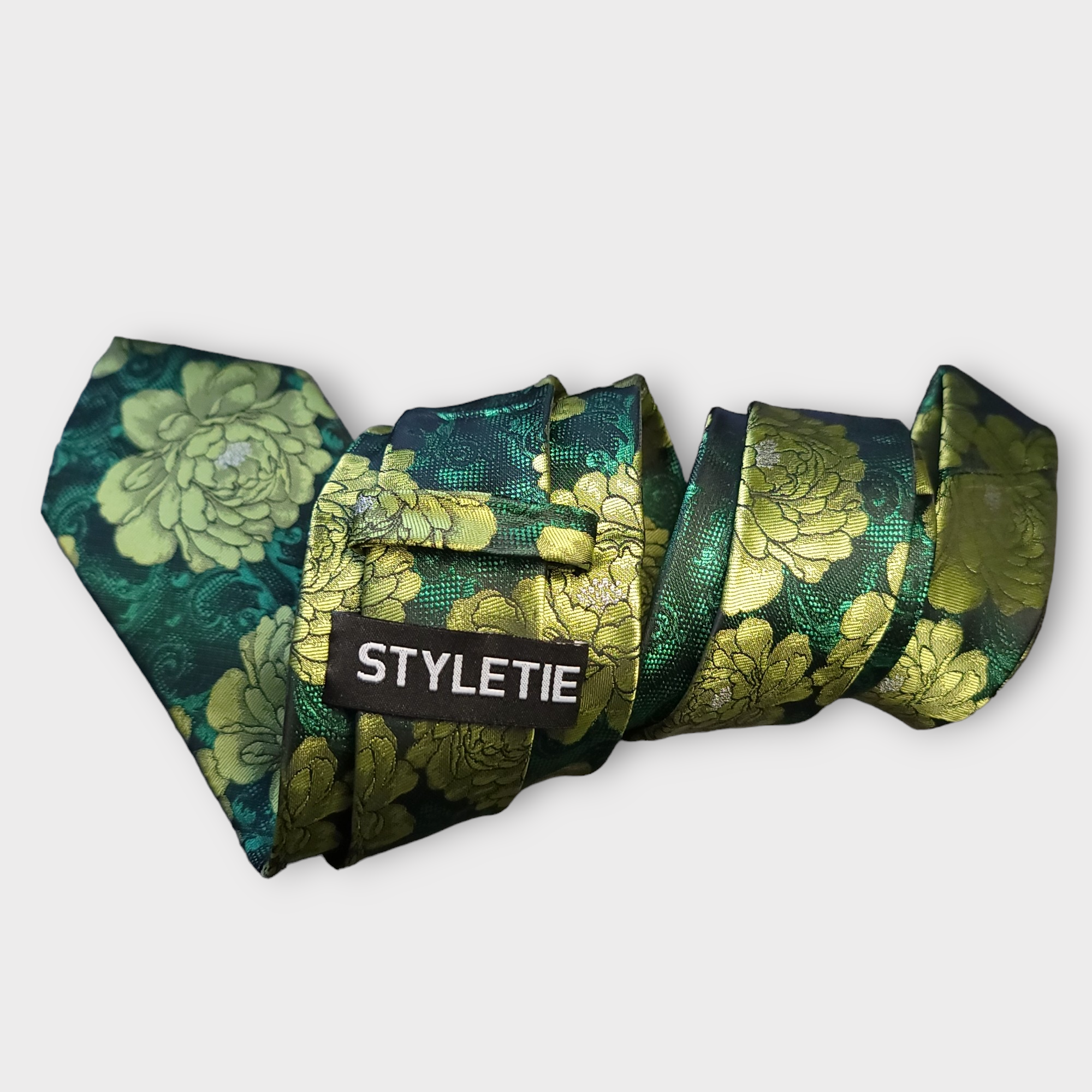 Green Floral Silk Tie Pocket Square Cufflink Set