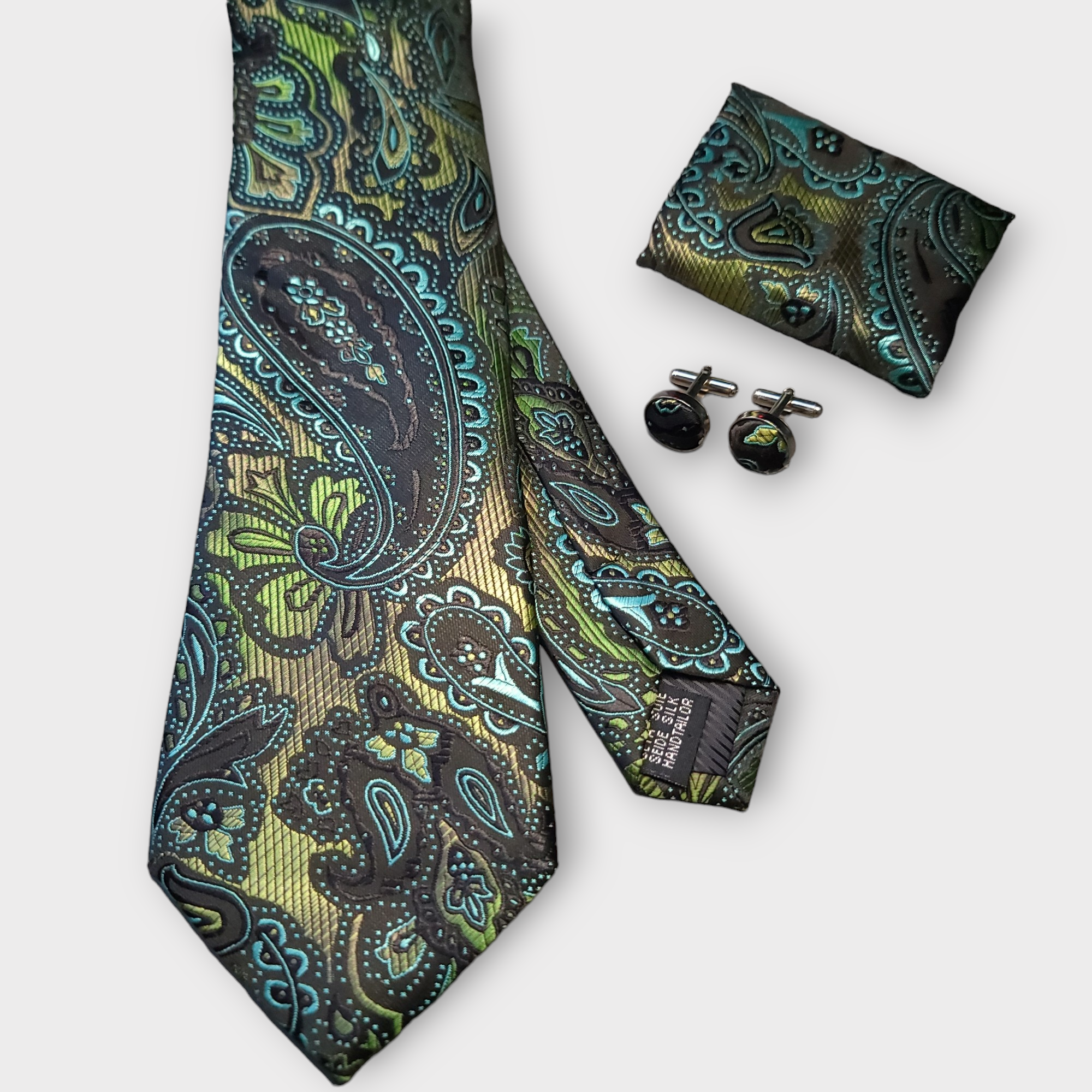 Forest Green Paisley Silk Tie Pocket Square Cufflink Set