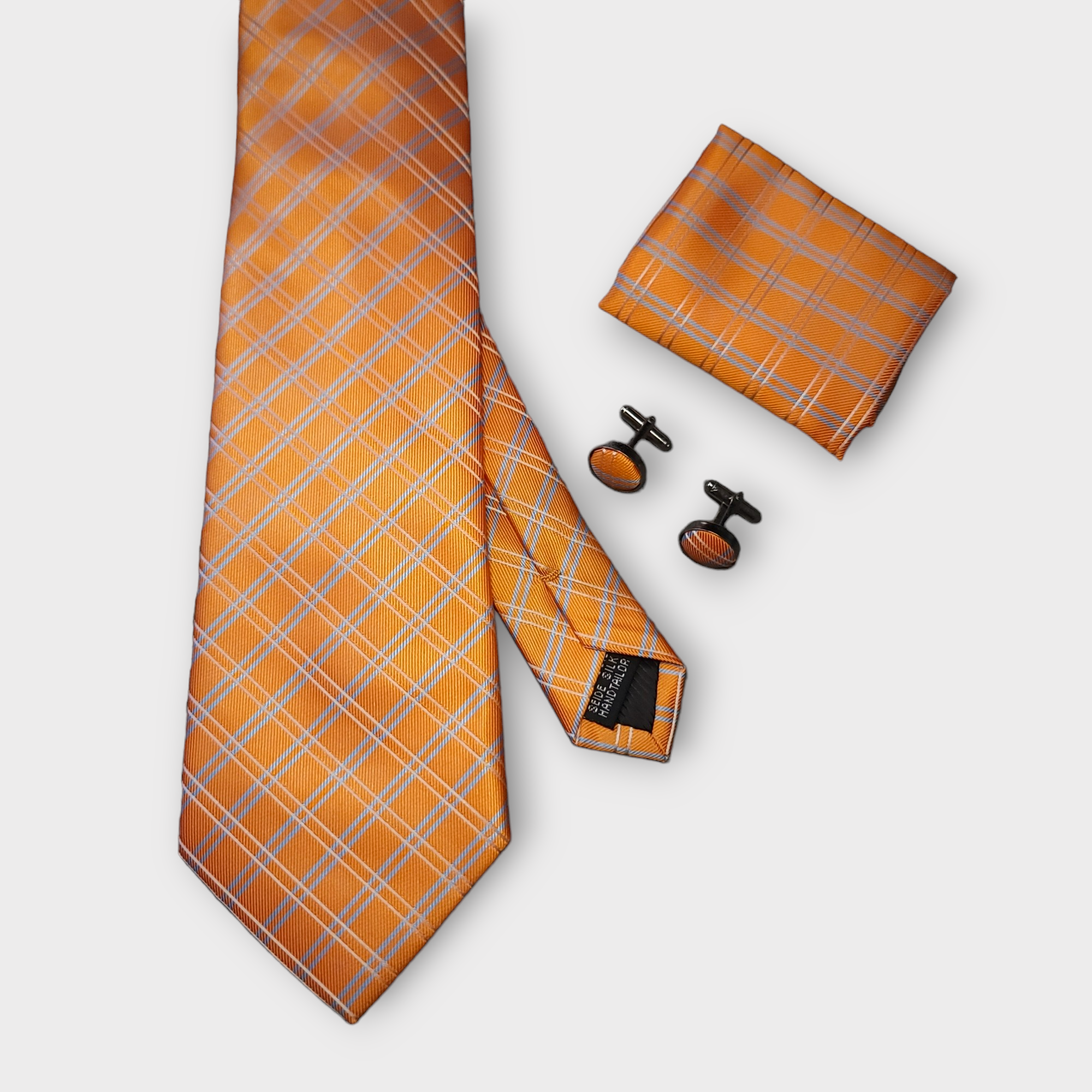 Orange Plaid Striped Silk Tie Pocket Square Cufflink Set