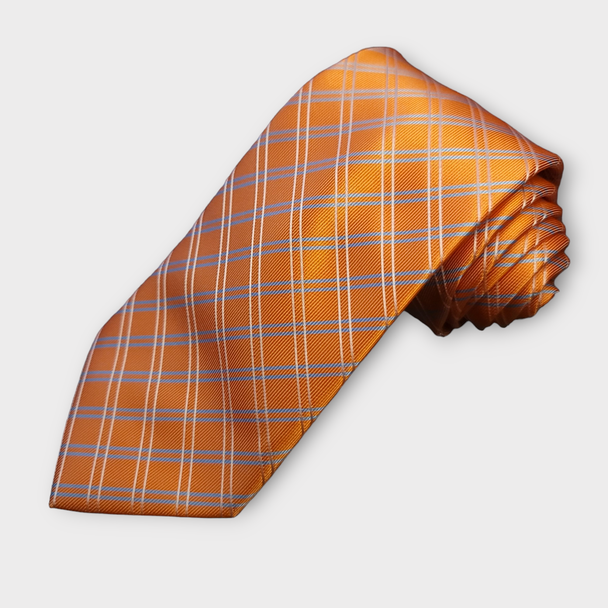 Orange Plaid Striped Silk Tie Pocket Square Cufflink Set