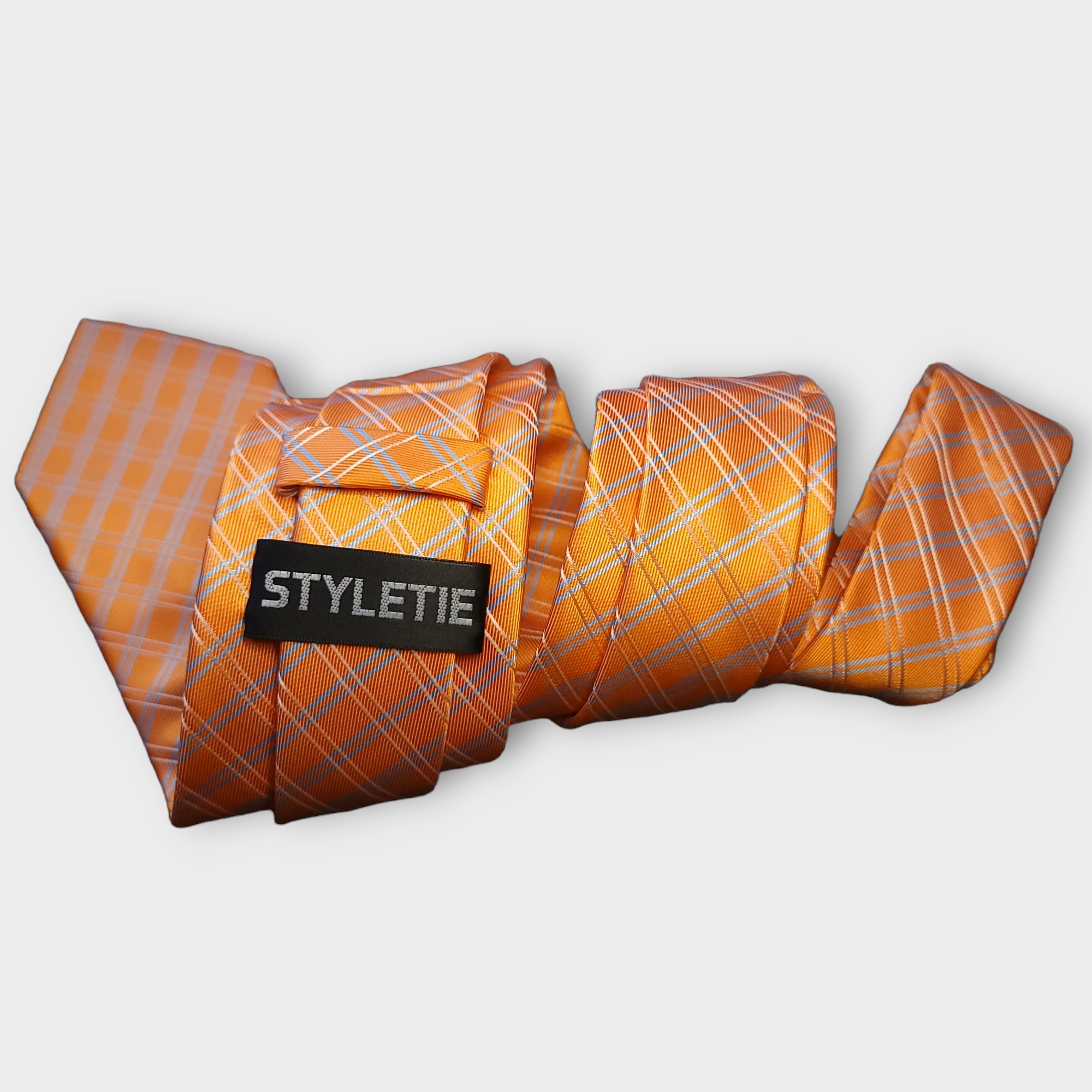 Orange Plaid Striped Silk Tie Pocket Square Cufflink Set