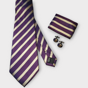 Purple Khaki Striped Silk Tie Pocket Square Cufflink Set