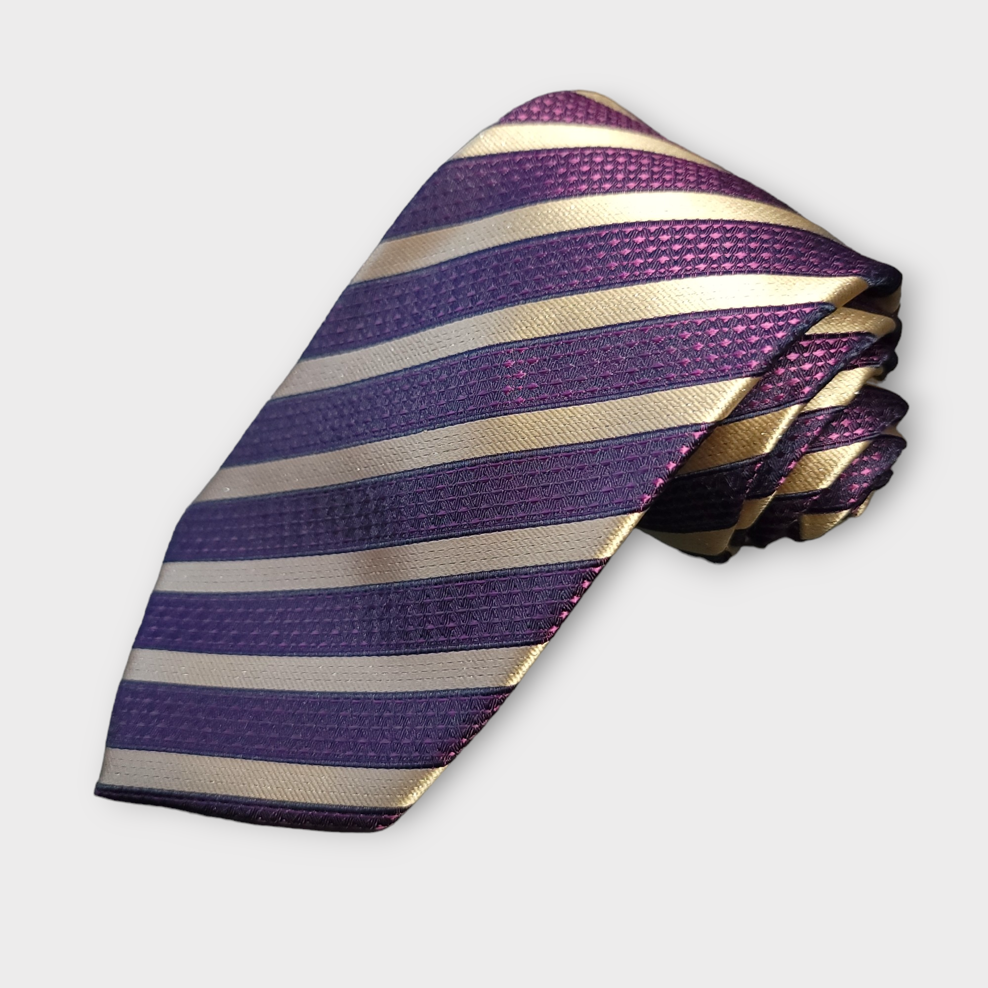Purple Khaki Striped Silk Tie Pocket Square Cufflink Set