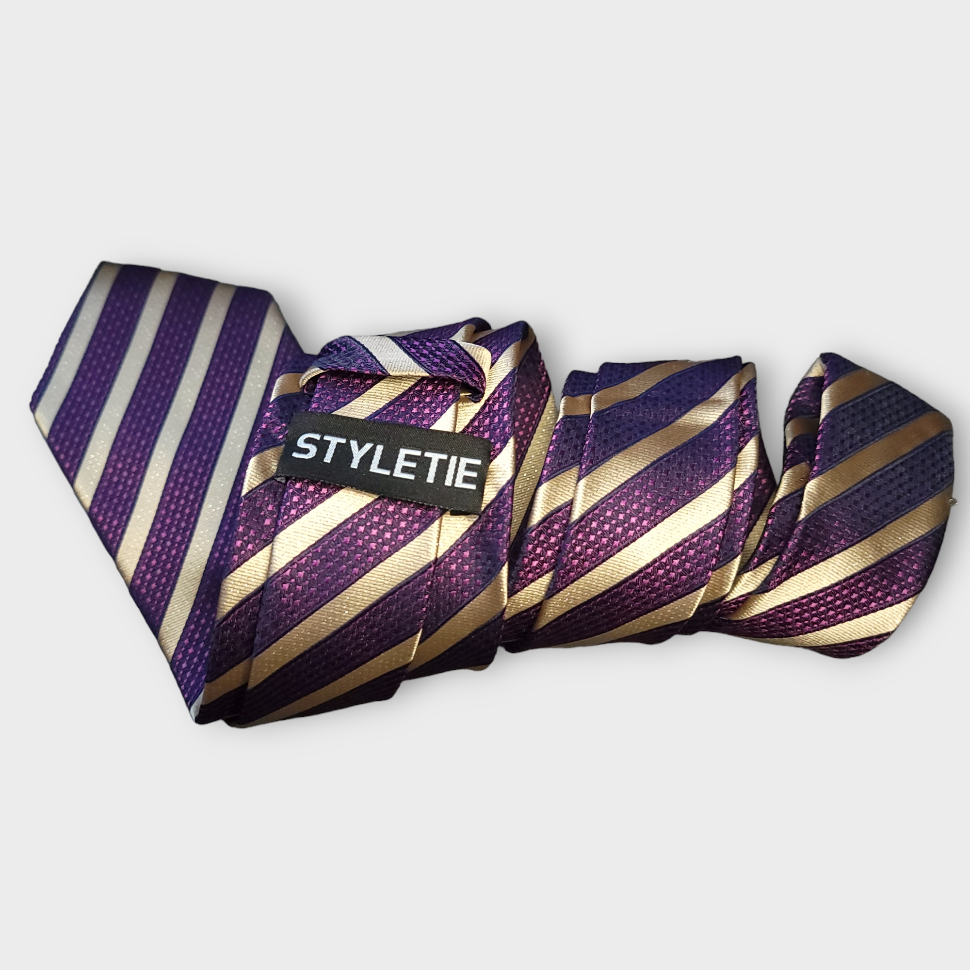 Purple Khaki Striped Silk Tie Pocket Square Cufflink Set