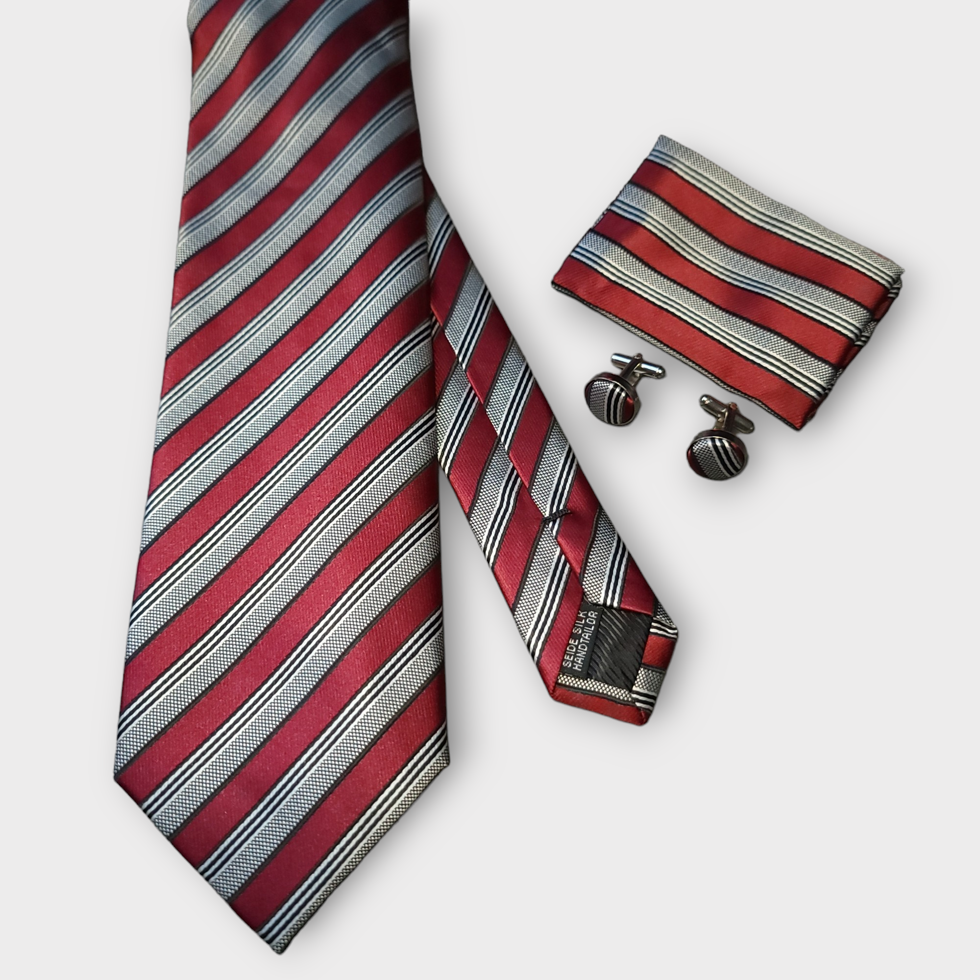 Burgundy Gray Striped Silk Tie Pocket Square Cufflink Set