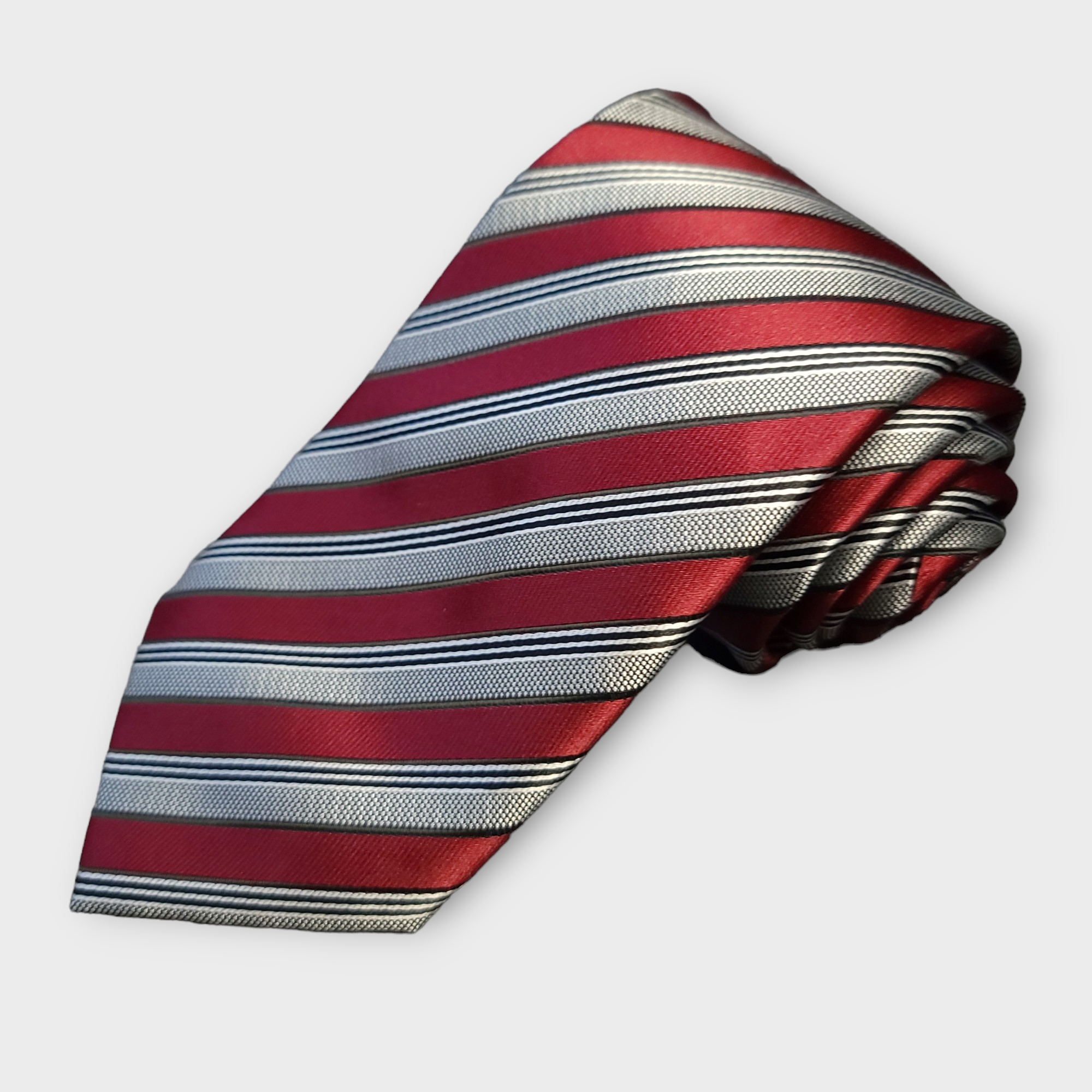 Burgundy Gray Striped Silk Tie Pocket Square Cufflink Set