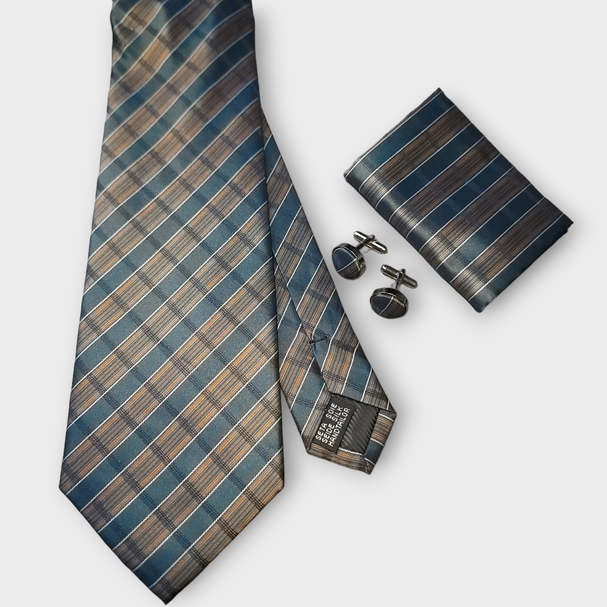 Forest Green Plaid Silk Tie Pocket Square Cufflink Set