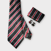 Black Red Striped Silk Tie Pocket Square Cufflink Set