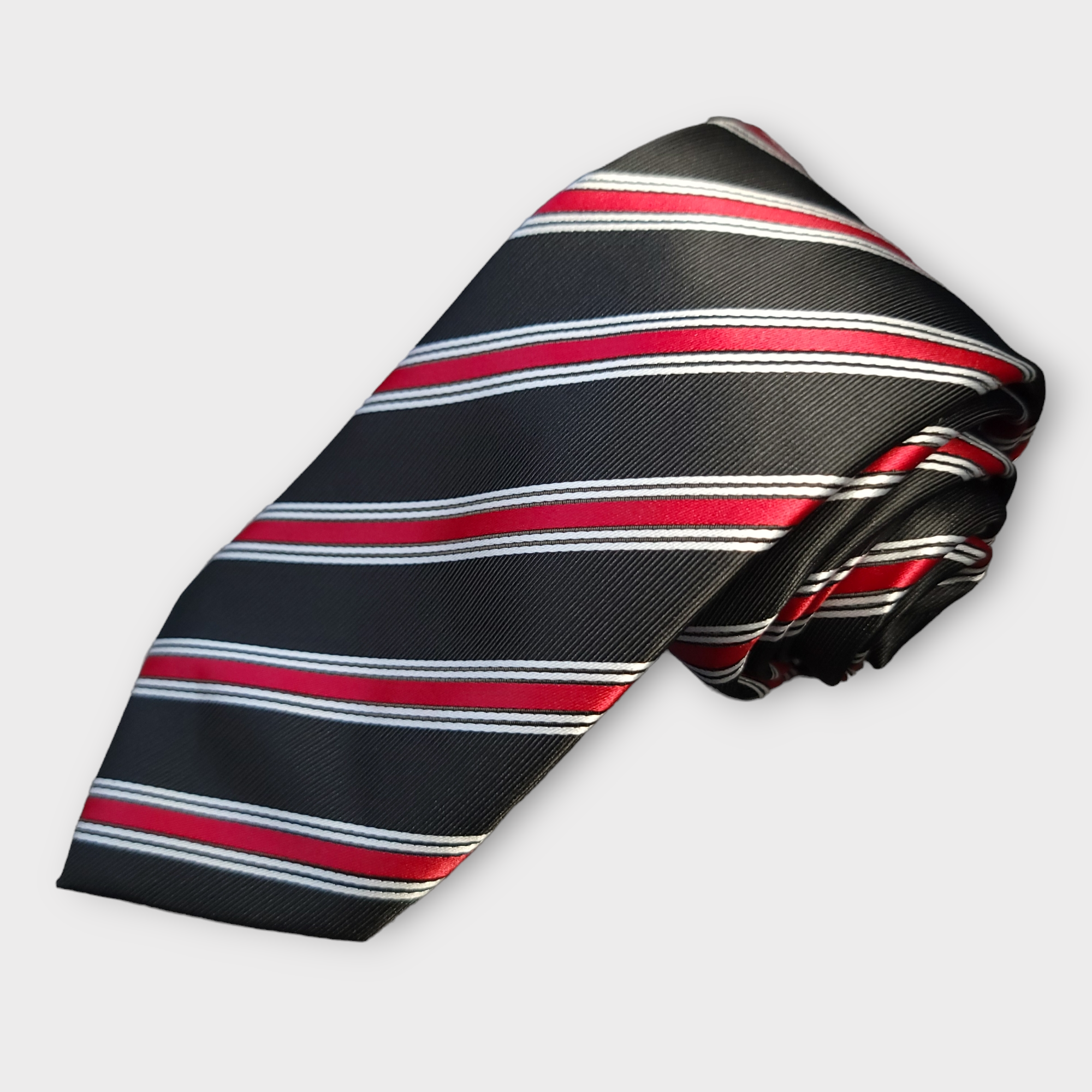 Black Red Striped Silk Tie Pocket Square Cufflink Set