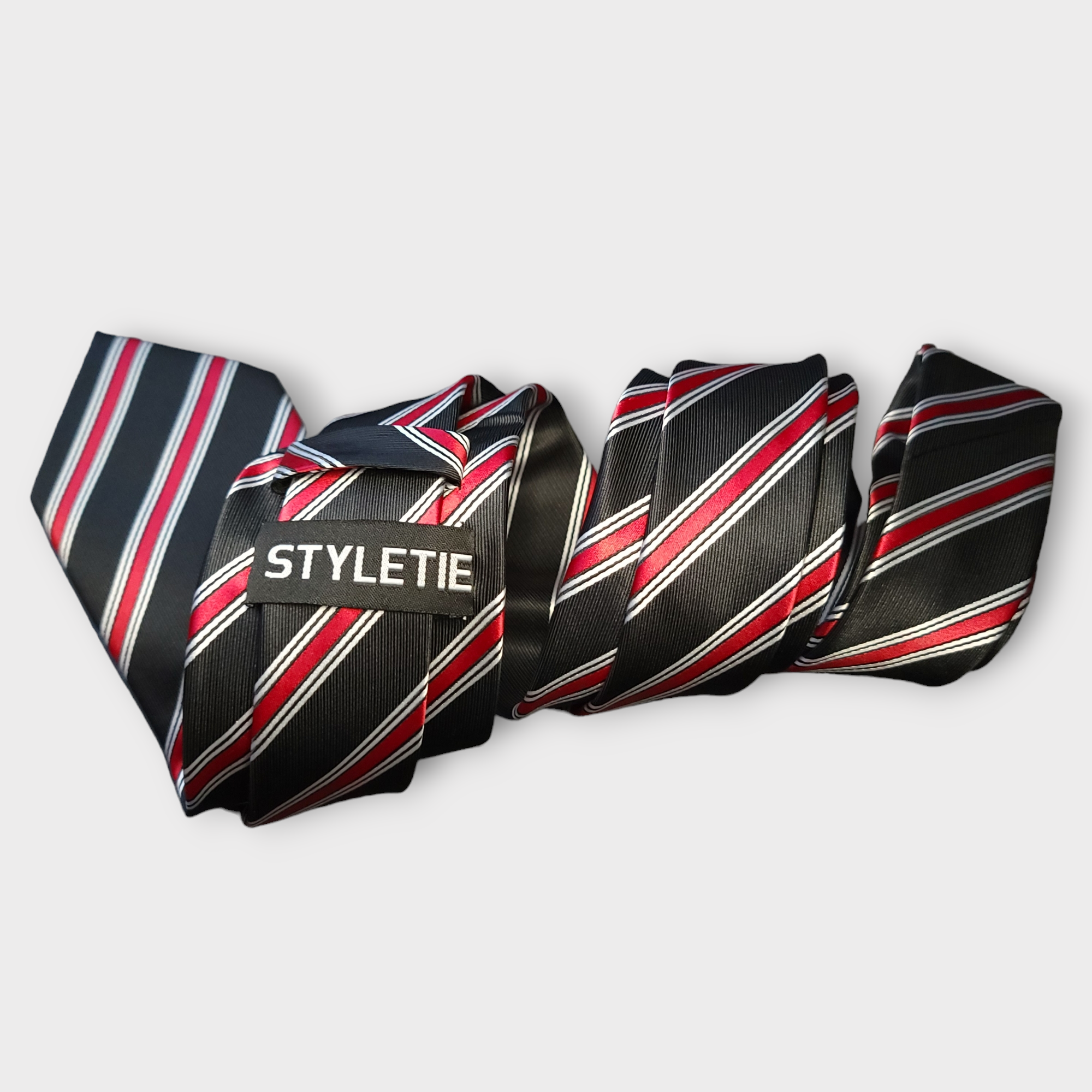 Black Red Striped Silk Tie Pocket Square Cufflink Set