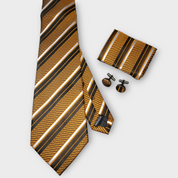Gold Orange Striped Silk Tie Pocket Square Cufflink Set