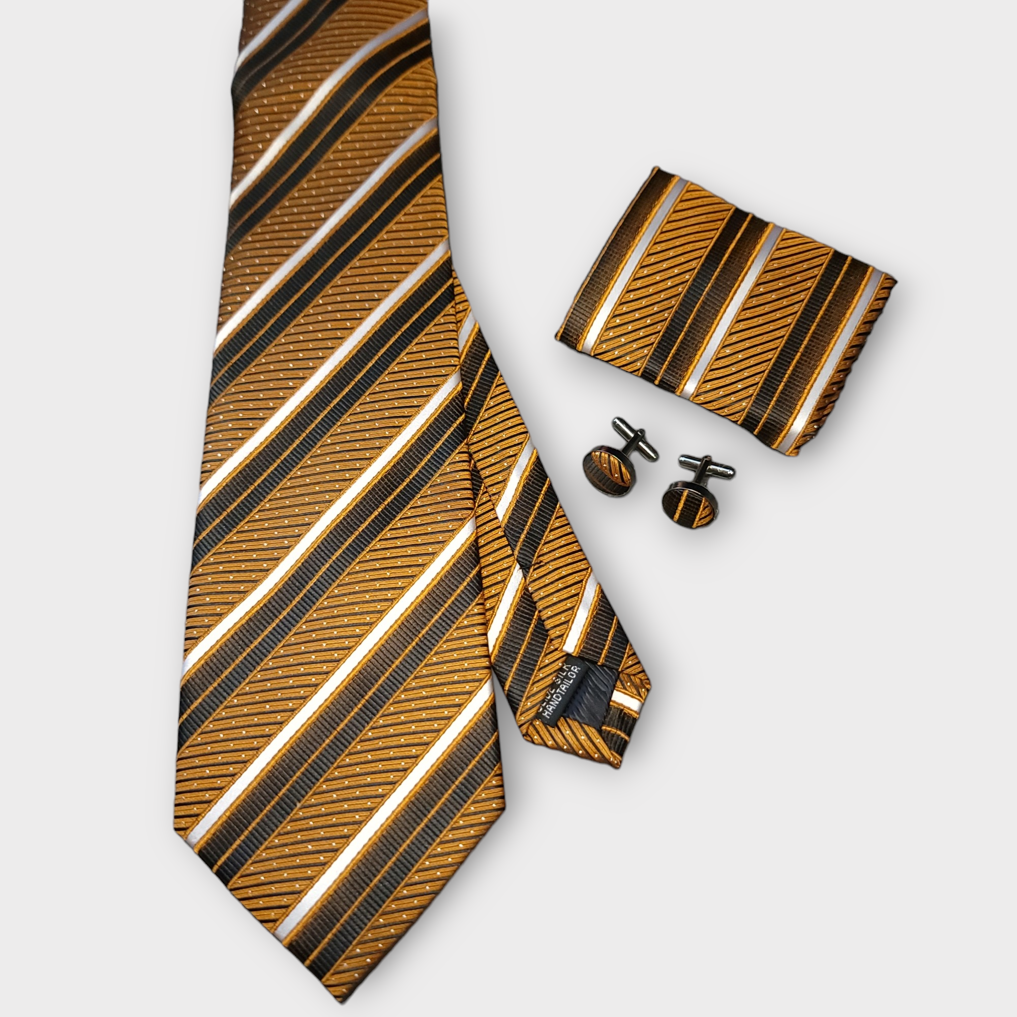 Gold Orange Striped Silk Tie Pocket Square Cufflink Set